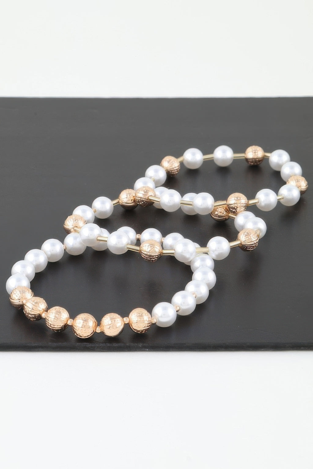 Multi Pearl Beaded Bracelet, triple row white pearls with gold tone spacer beads