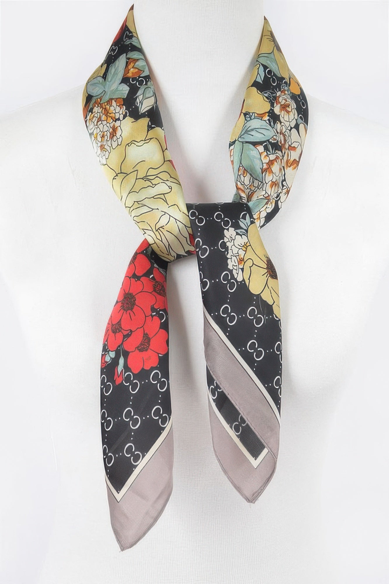 Multi print bandana, black base with red floral and cream patterned border
