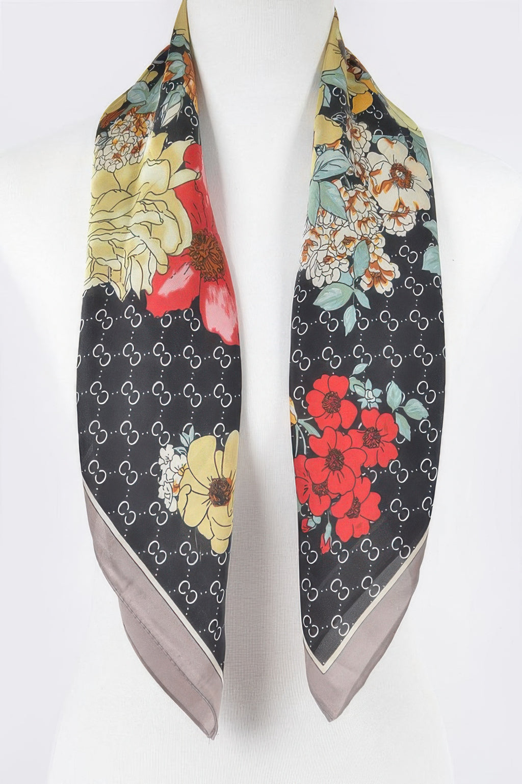 Multi print bandana, black base with orange and teal flowers and gray border