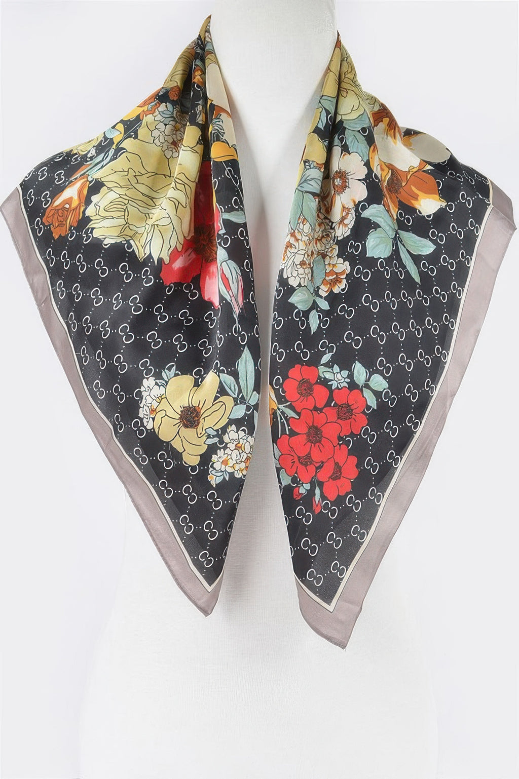 Multi print bandana, black base with yellow and red flowers; gray edge detail