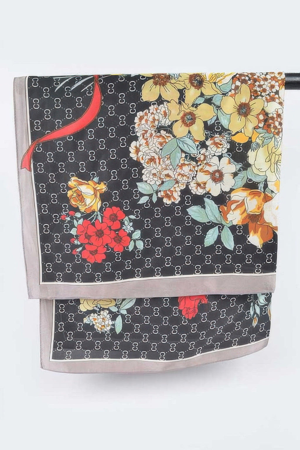 Multi print bandana folded, black base with multicolor blossoms and gray trim