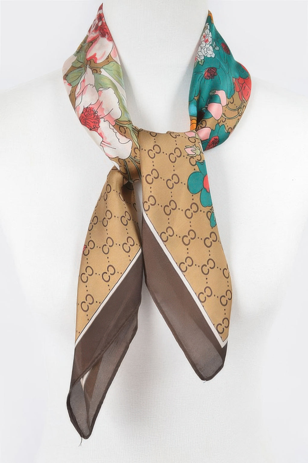 Multi print bandana, beige base with teal floral accents and brown corner border