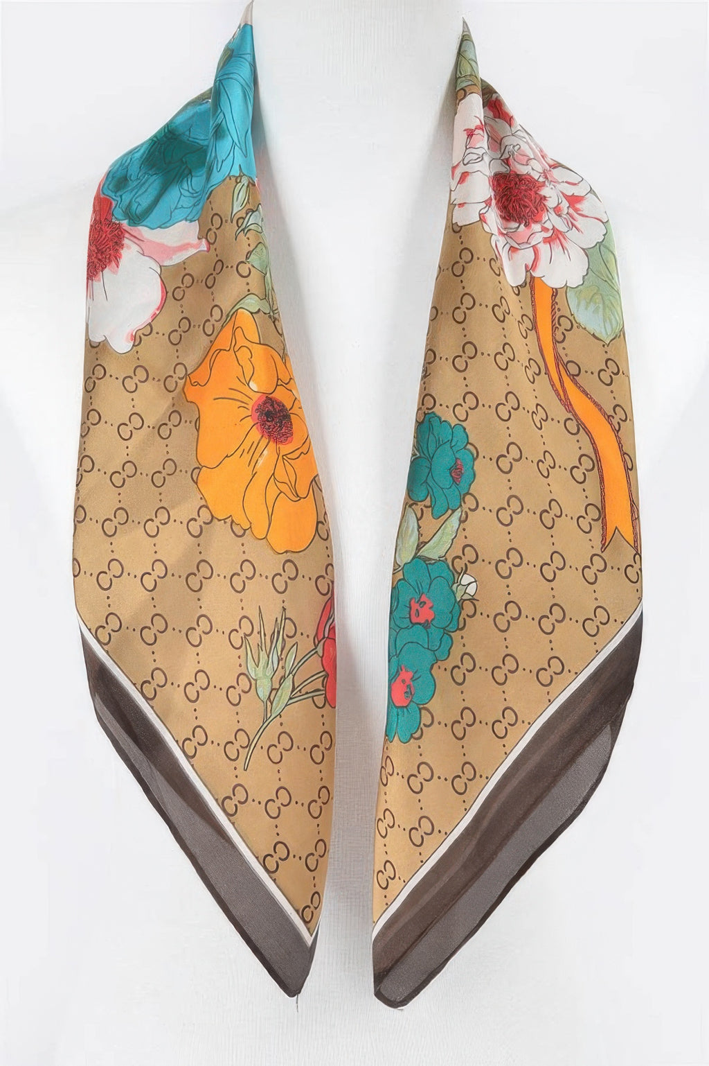 Multi print bandana, beige base with orange and teal flowers and dark gray border