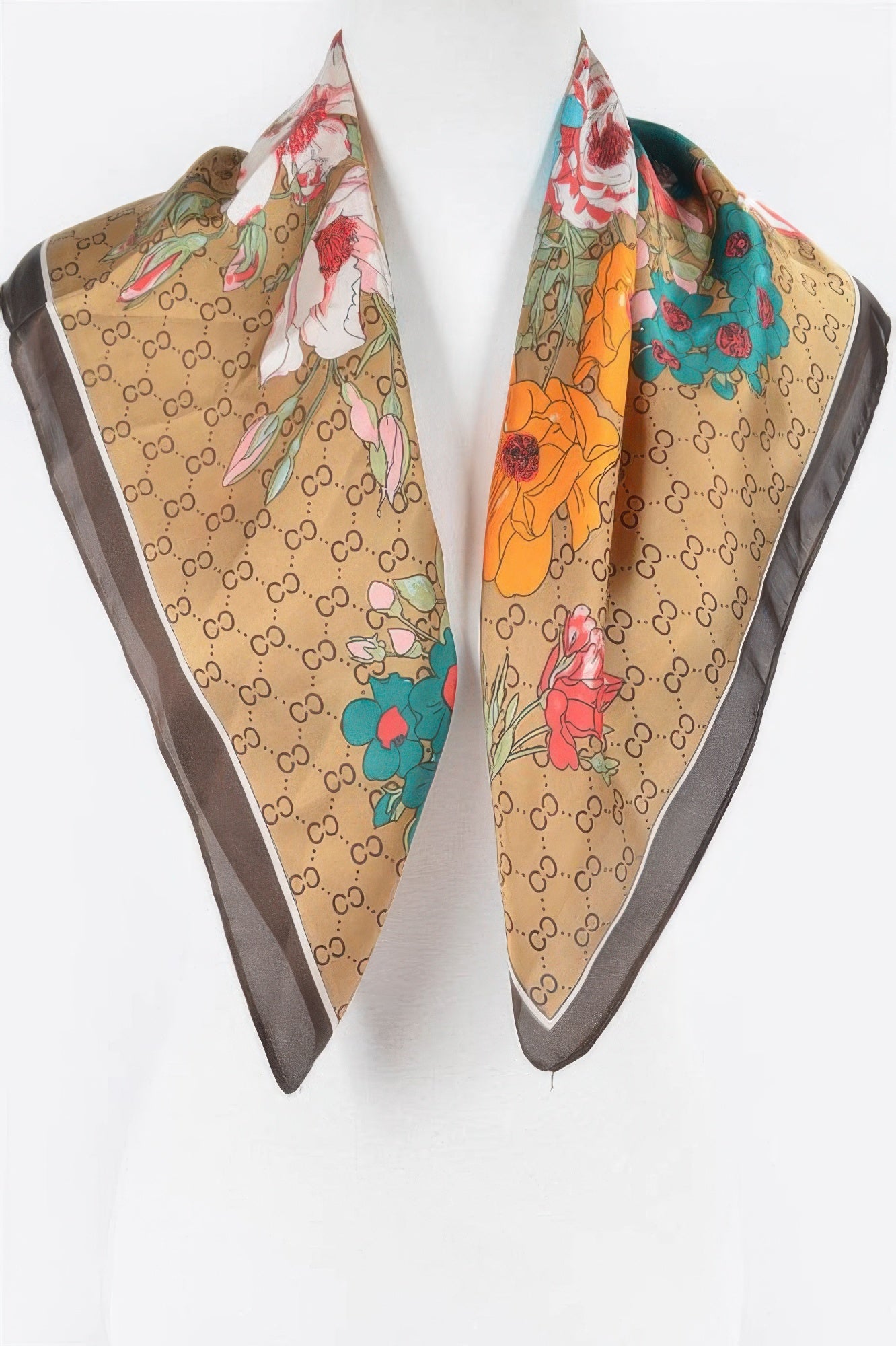 Multi print bandana, beige base with pink and green floral print and dark gray hem