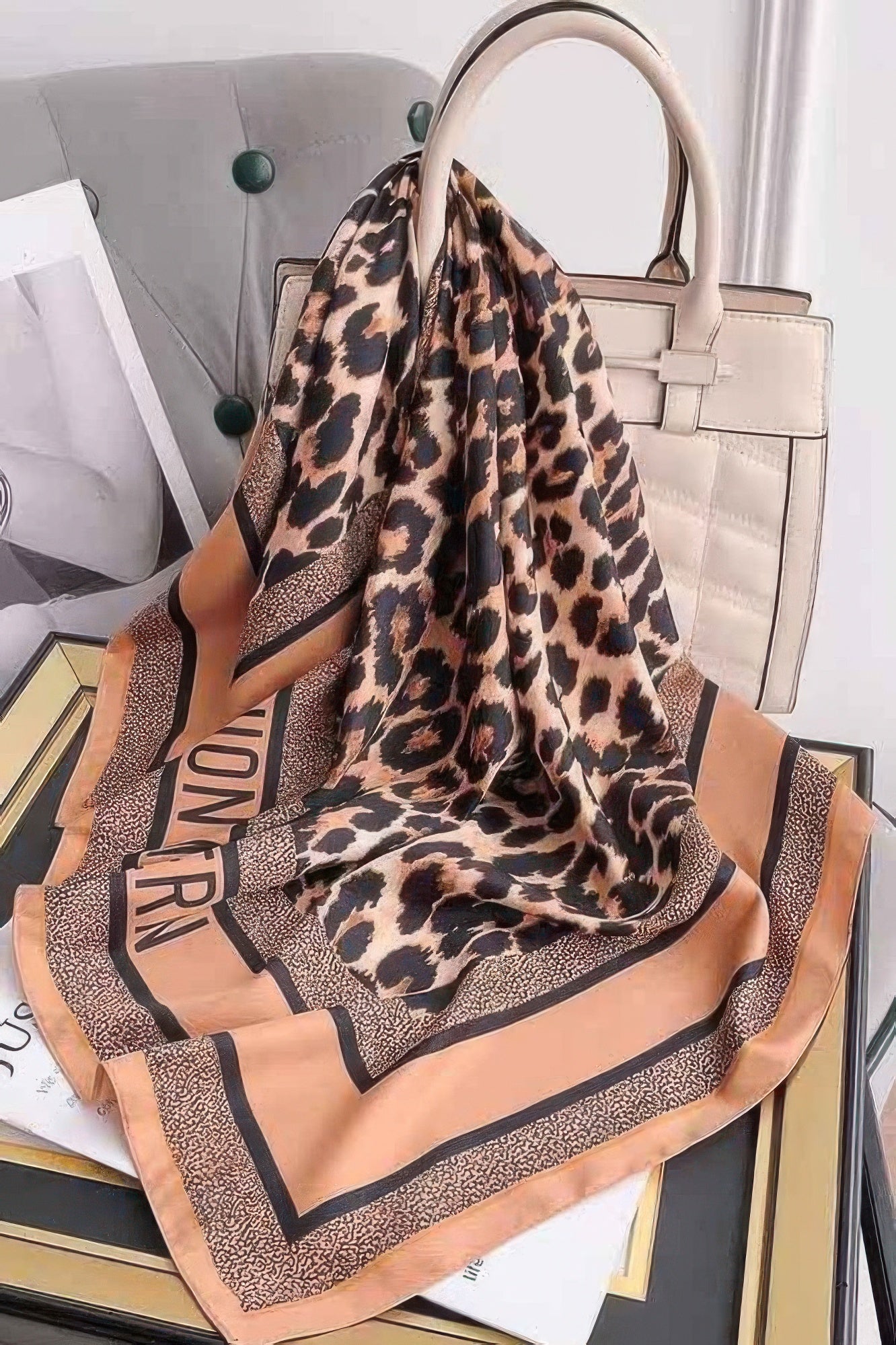 Camel leopard print Multi Print bandana draped with border stripes