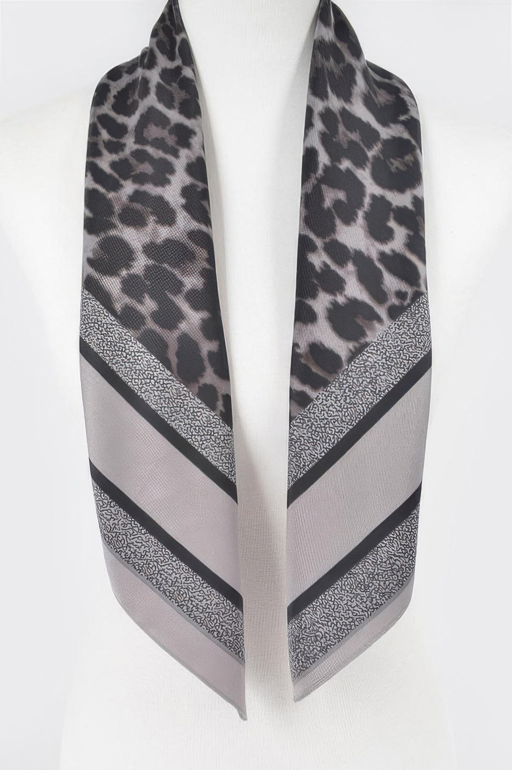 Gray Multi Print bandana with spotted leopard pattern and textured border