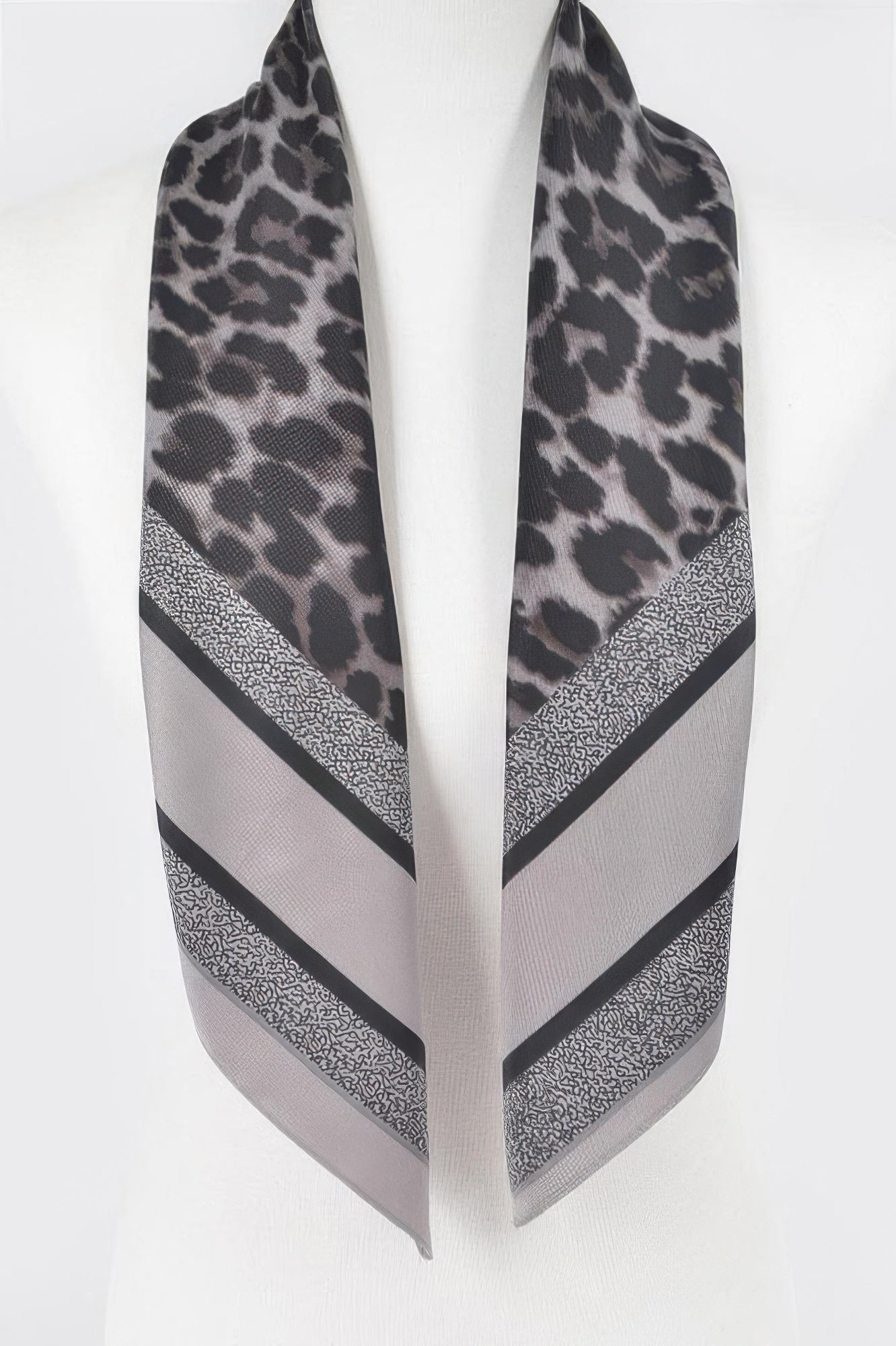 Gray Multi Print bandana with spotted leopard pattern and textured border