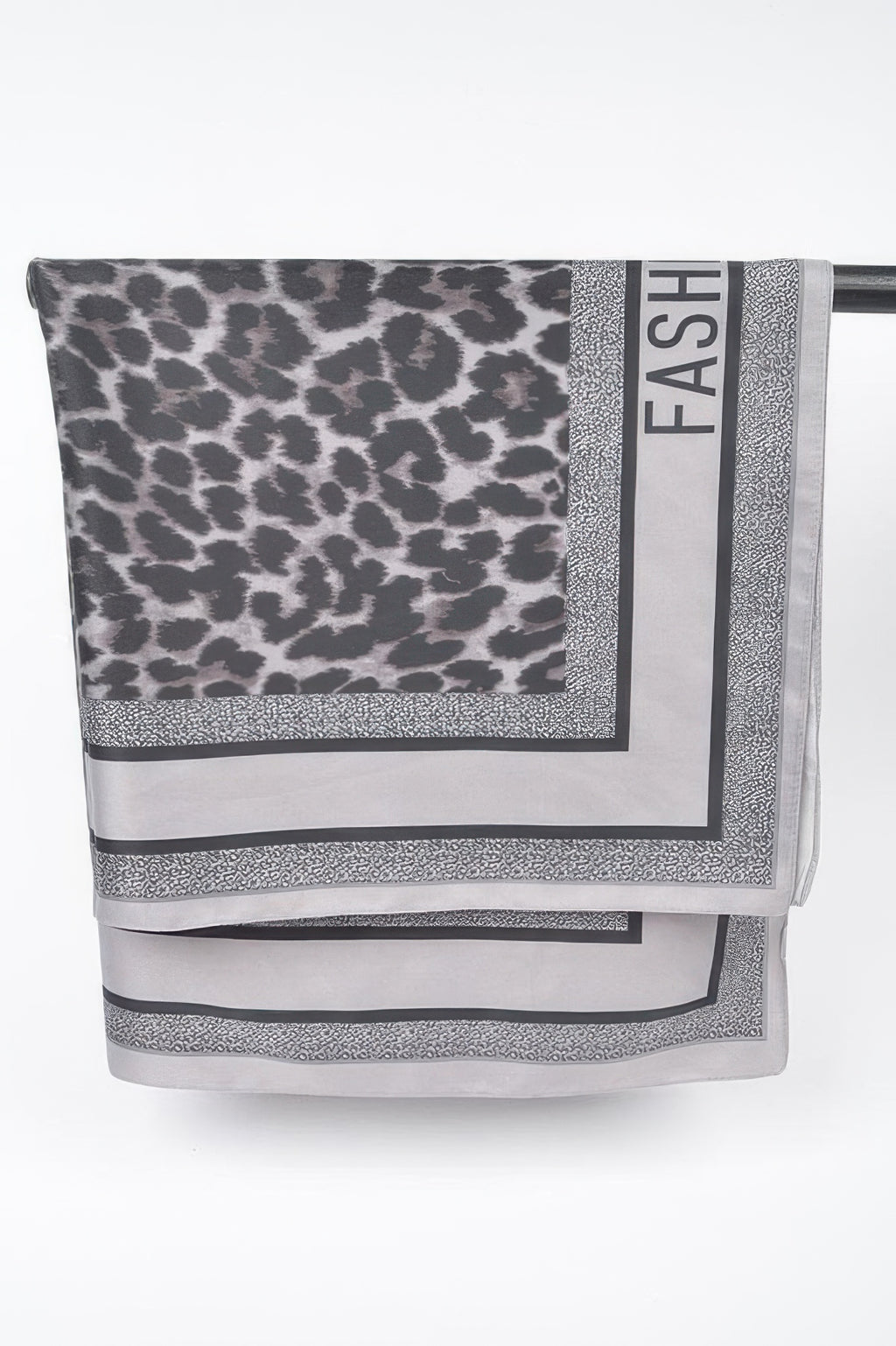 Gray Multi Print bandana folded with leopard pattern and FASTISH label