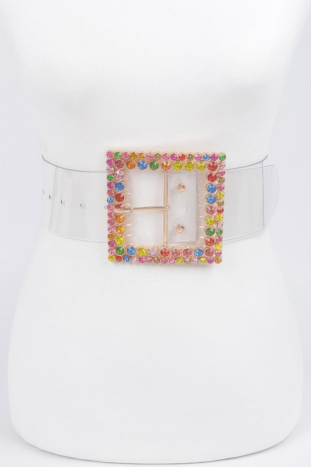 Multi Rhinestone Buckle belt with clear strap and multicolor jeweled square buckle