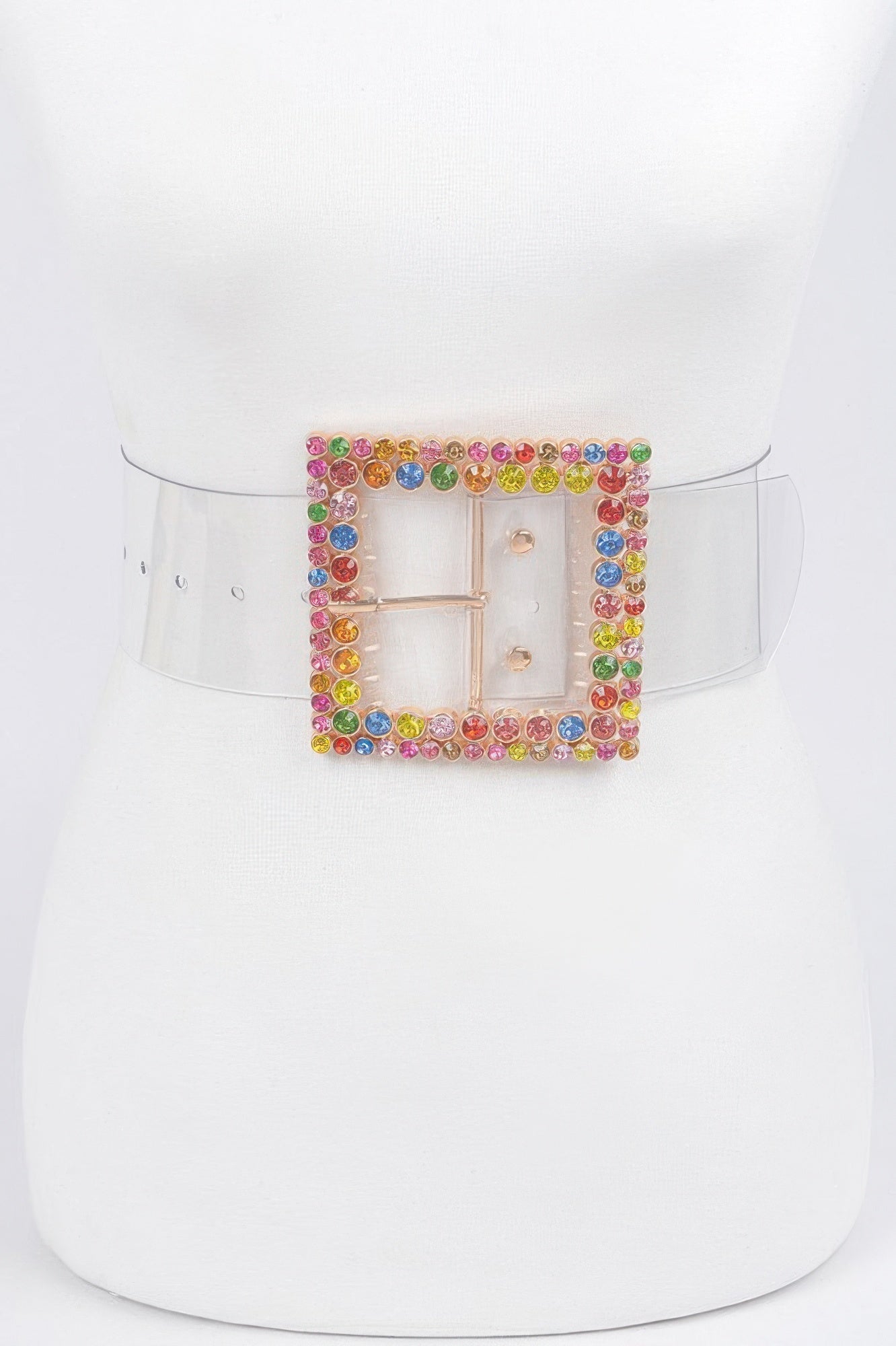 Multi Rhinestone Buckle belt with clear strap and multicolor jeweled square buckle