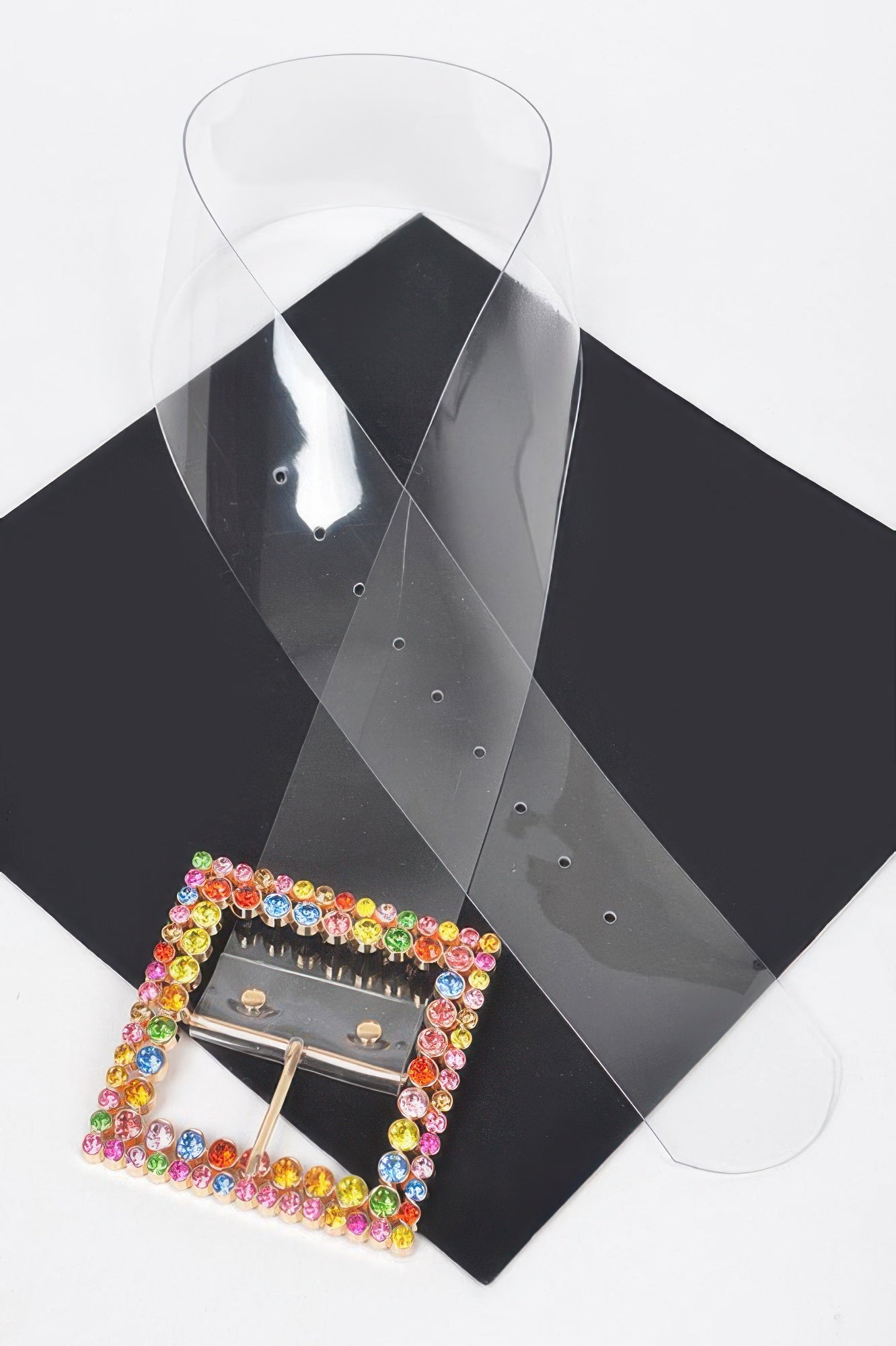 Clear rhinestone buckle belt with multicolor round stones and square metal buckle