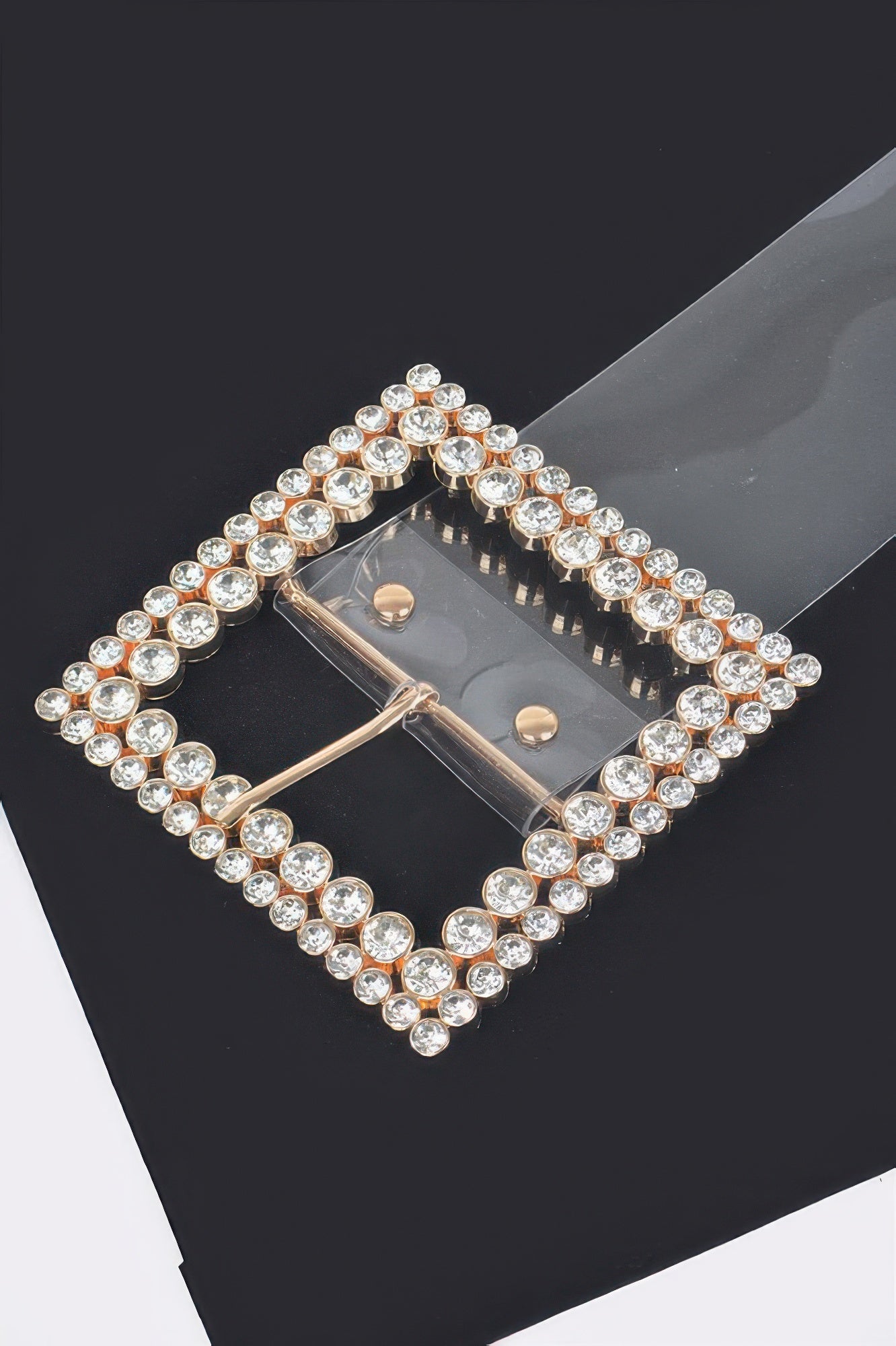 Clear rhinestone buckle belt with round white stones and gold-tone square buckle