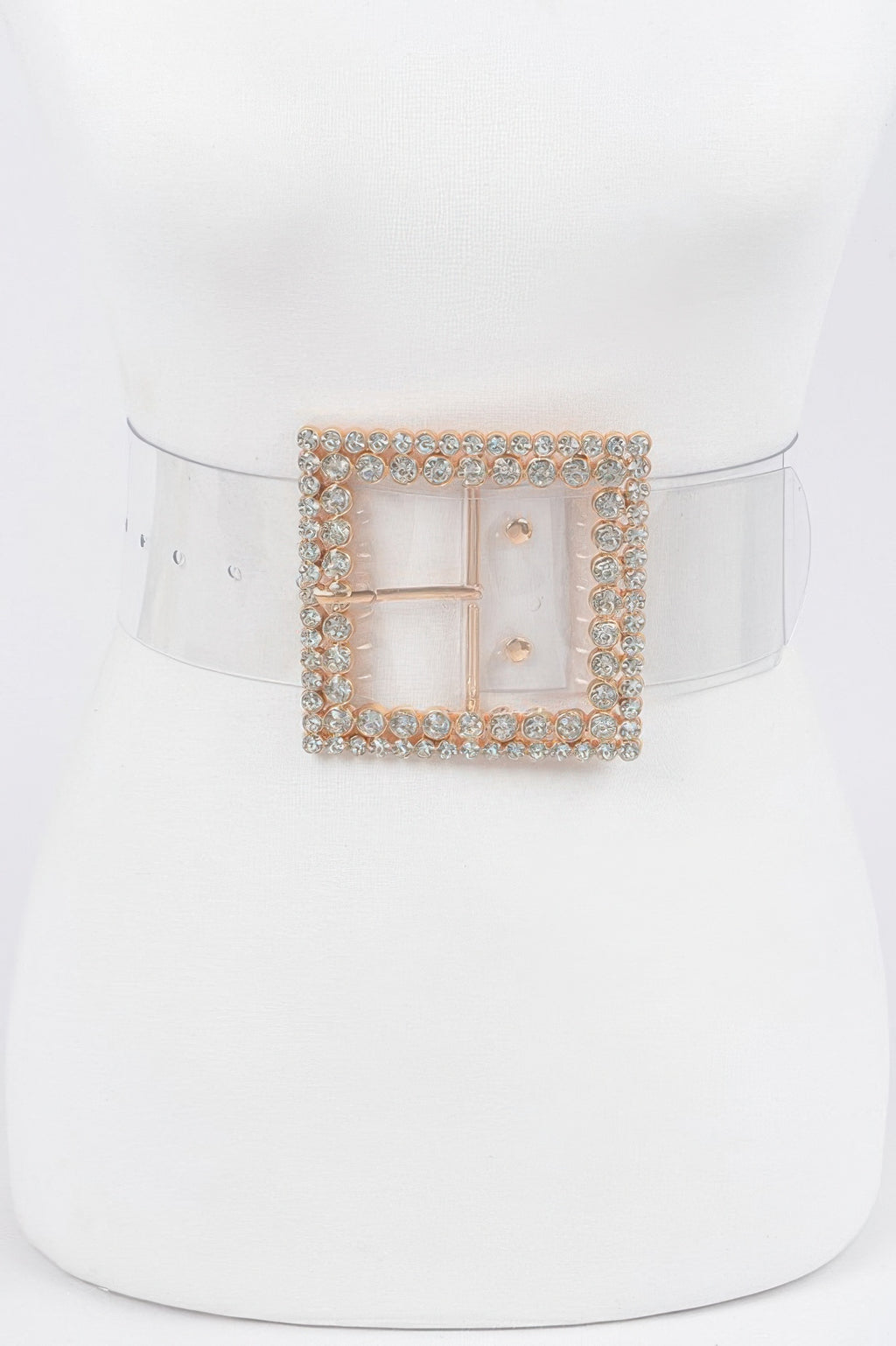 Rhinestone buckle belt with clear strap and warm rose-gold jeweled square buckle