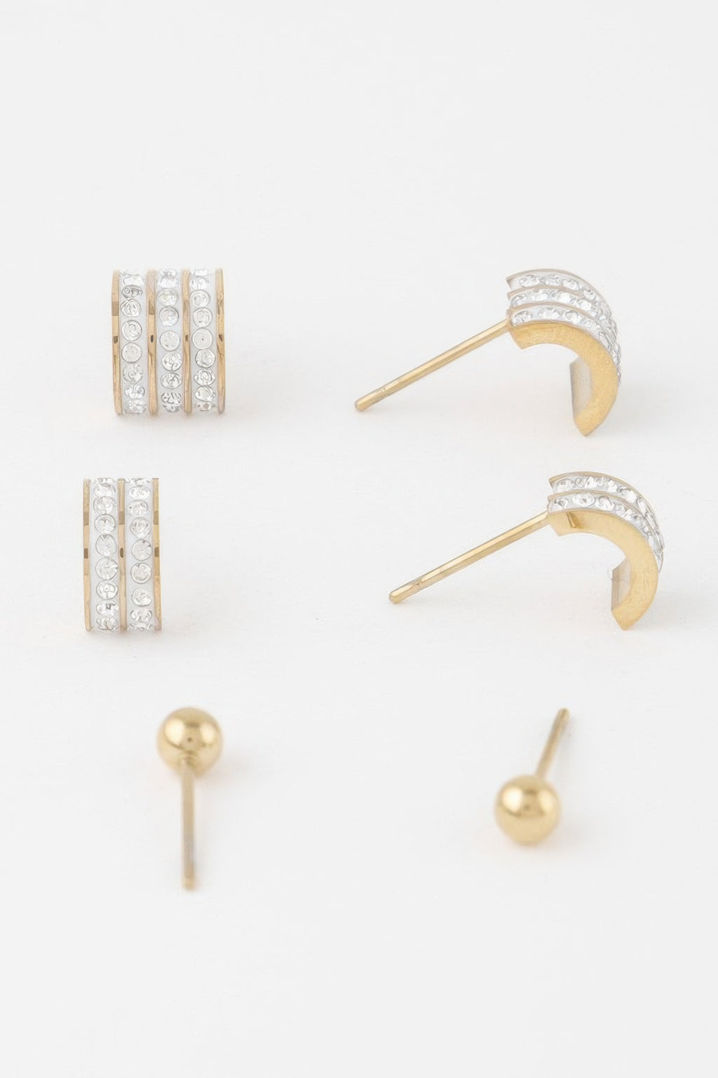 Rhinestone huggie earrings with gold ball studs and small hoop drops
