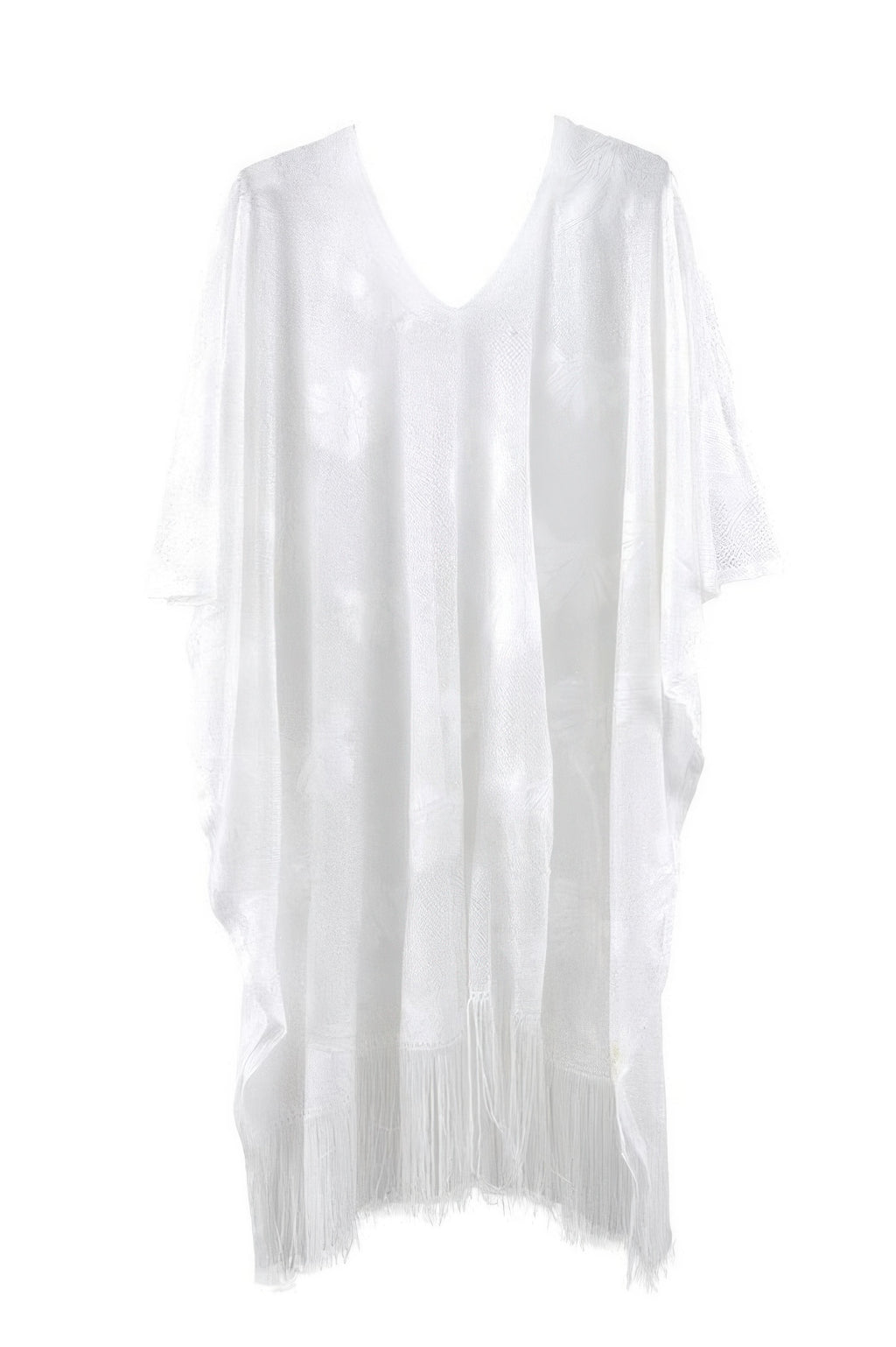 White floral lace poncho with V-neck, draped silhouette and fringe hem