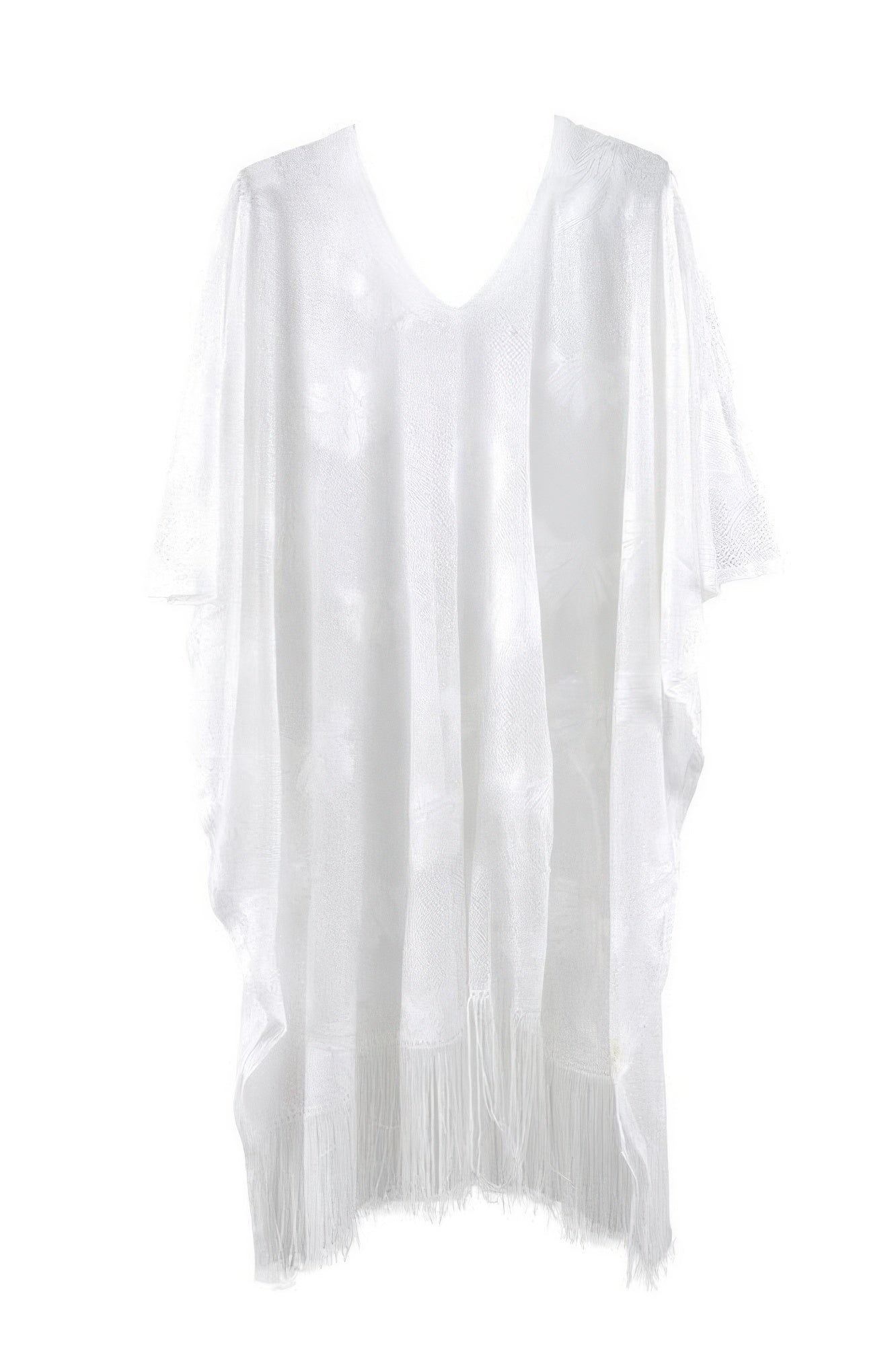 White floral lace poncho with V-neck, draped silhouette and fringe hem