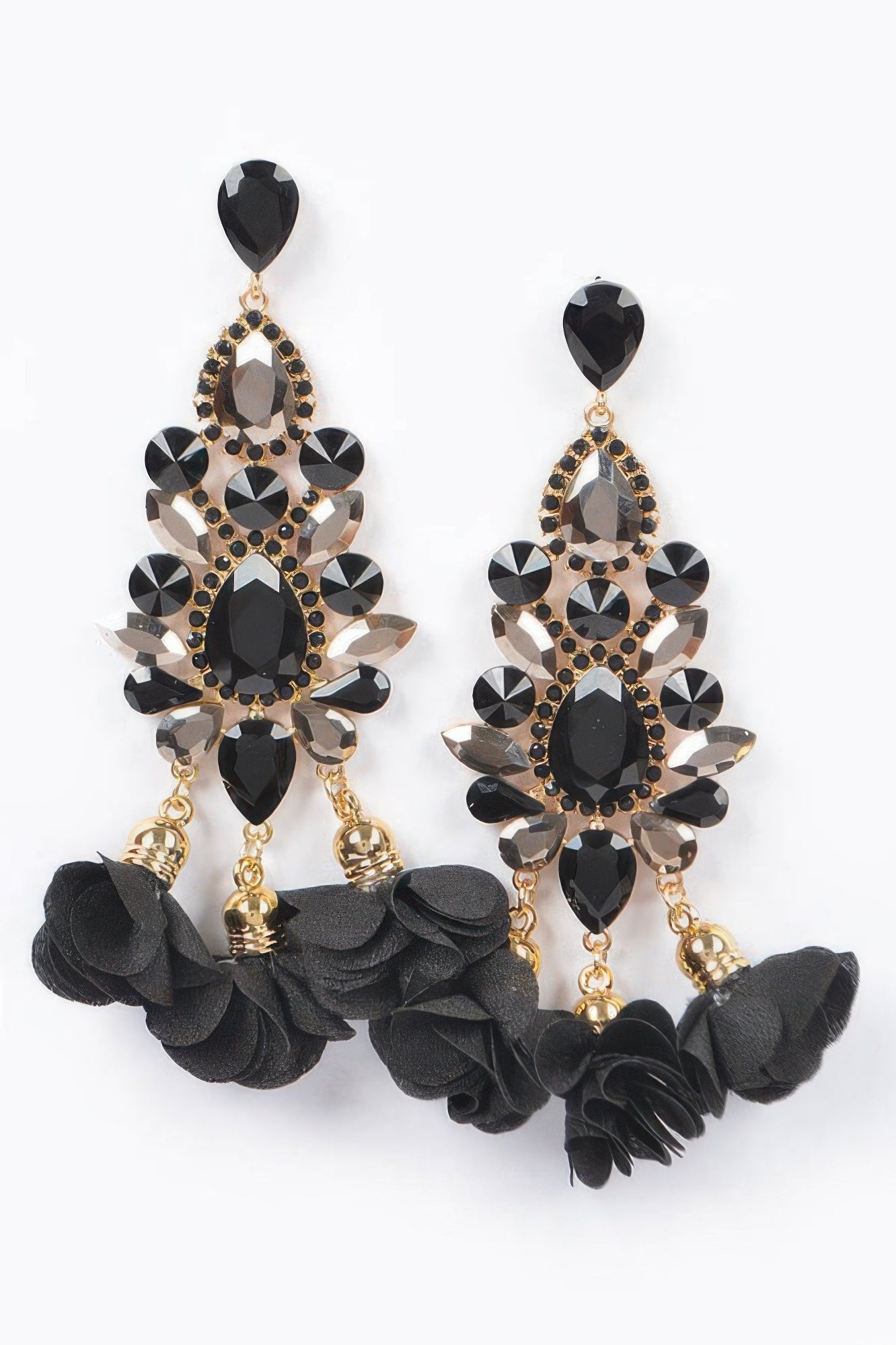 Black rhinestone flower drop earrings: teardrop crystals and black fabric flower tassels