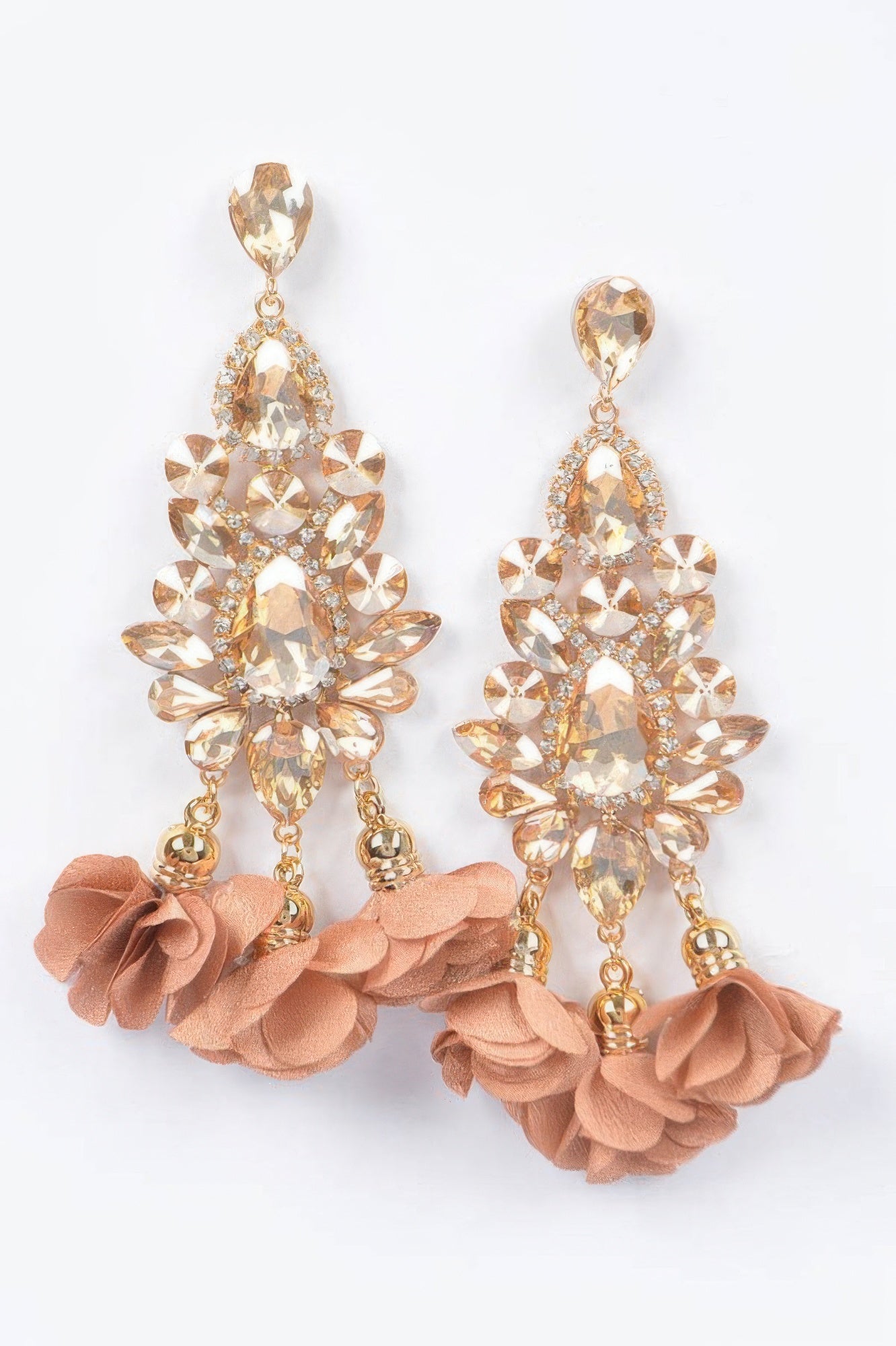 Champagne rhinestone flower drop earrings with peach fabric rosette tassels