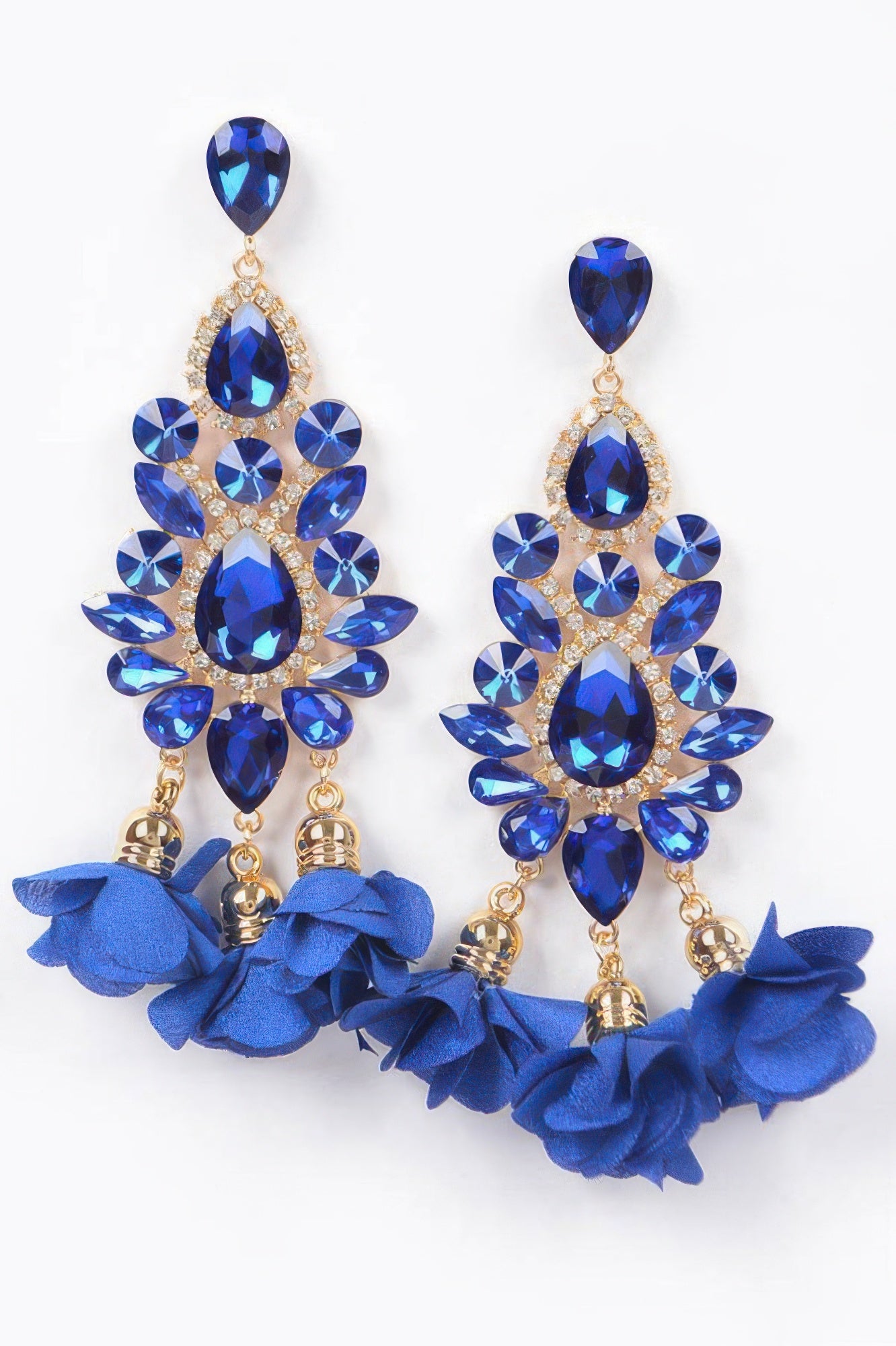 Blue rhinestone flower drop earrings with teardrop crystals and blue fabric flower tassels