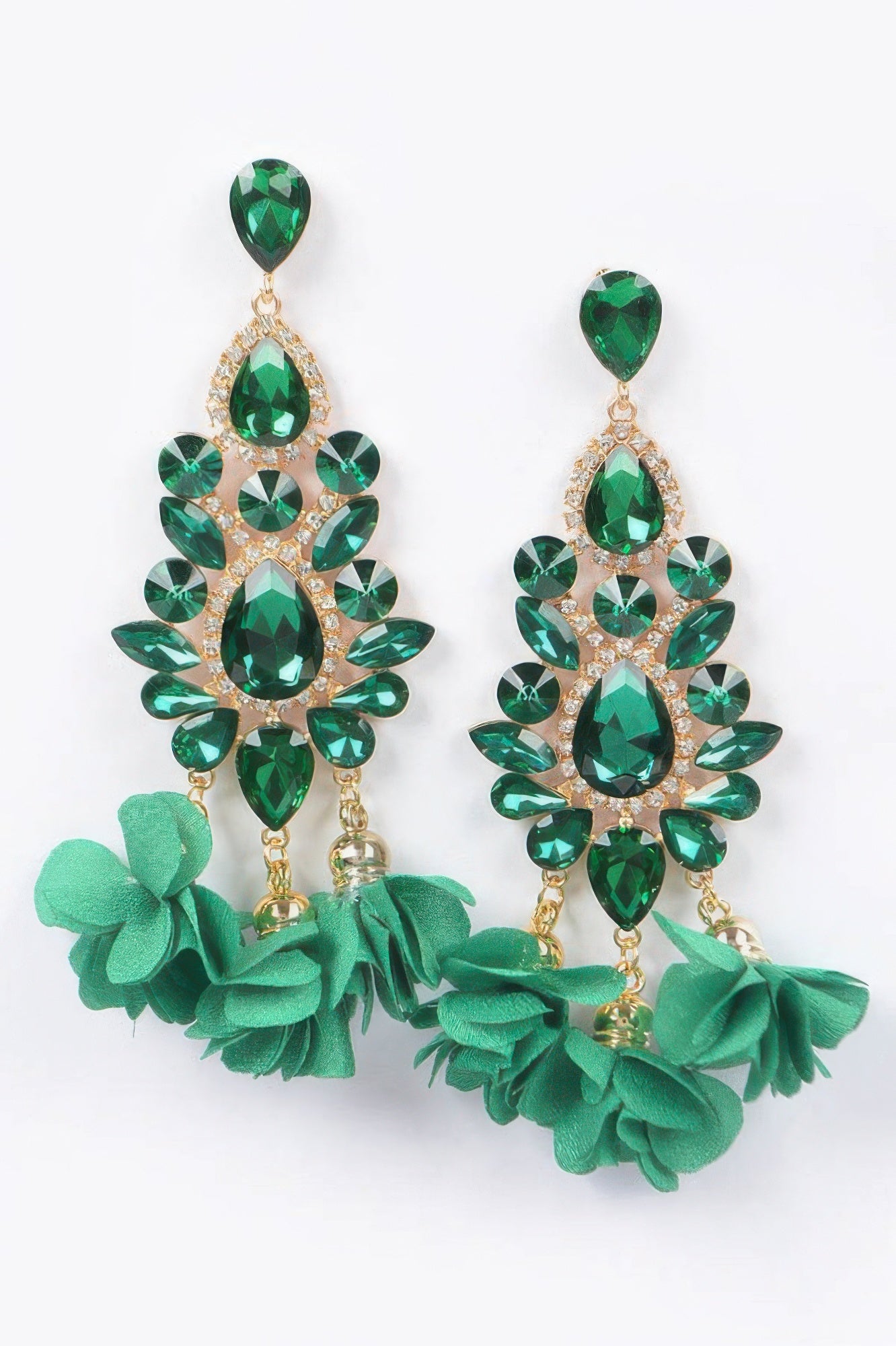 Green rhinestone flower drop earrings with teardrop crystals and green fabric flower tassels