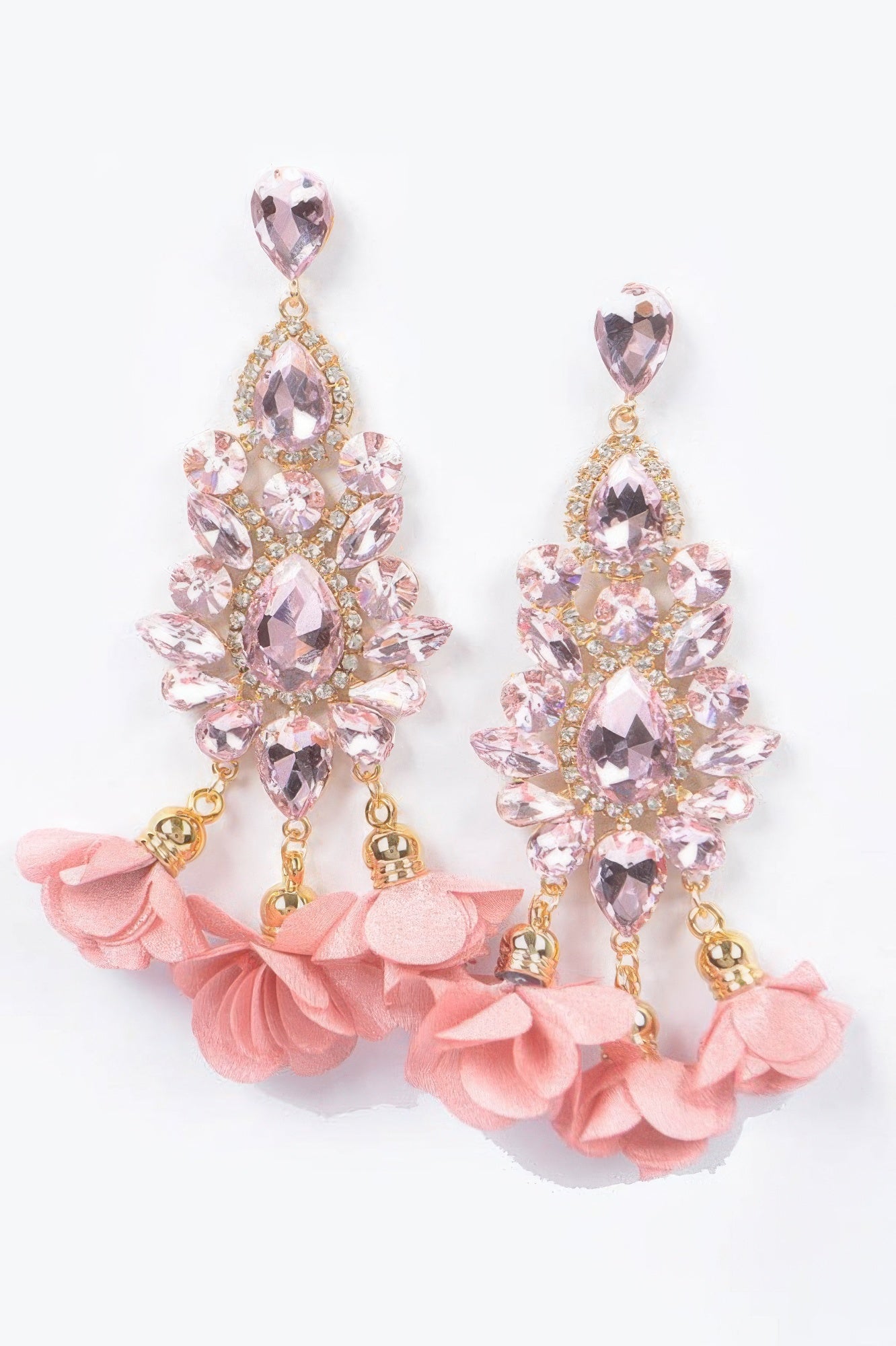 Pink rhinestone flower drop earrings with light-pink fabric rosette tassels