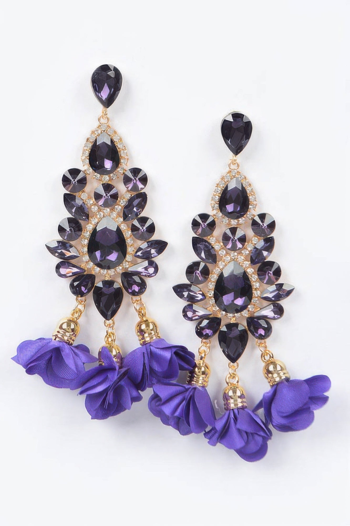 Purple rhinestone flower drop earrings with dark crystals and purple fabric flower tassels
