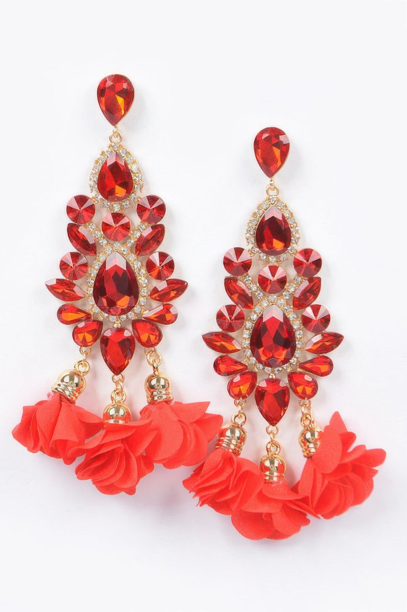 Red rhinestone flower drop earrings with red crystals and red fabric flower tassels