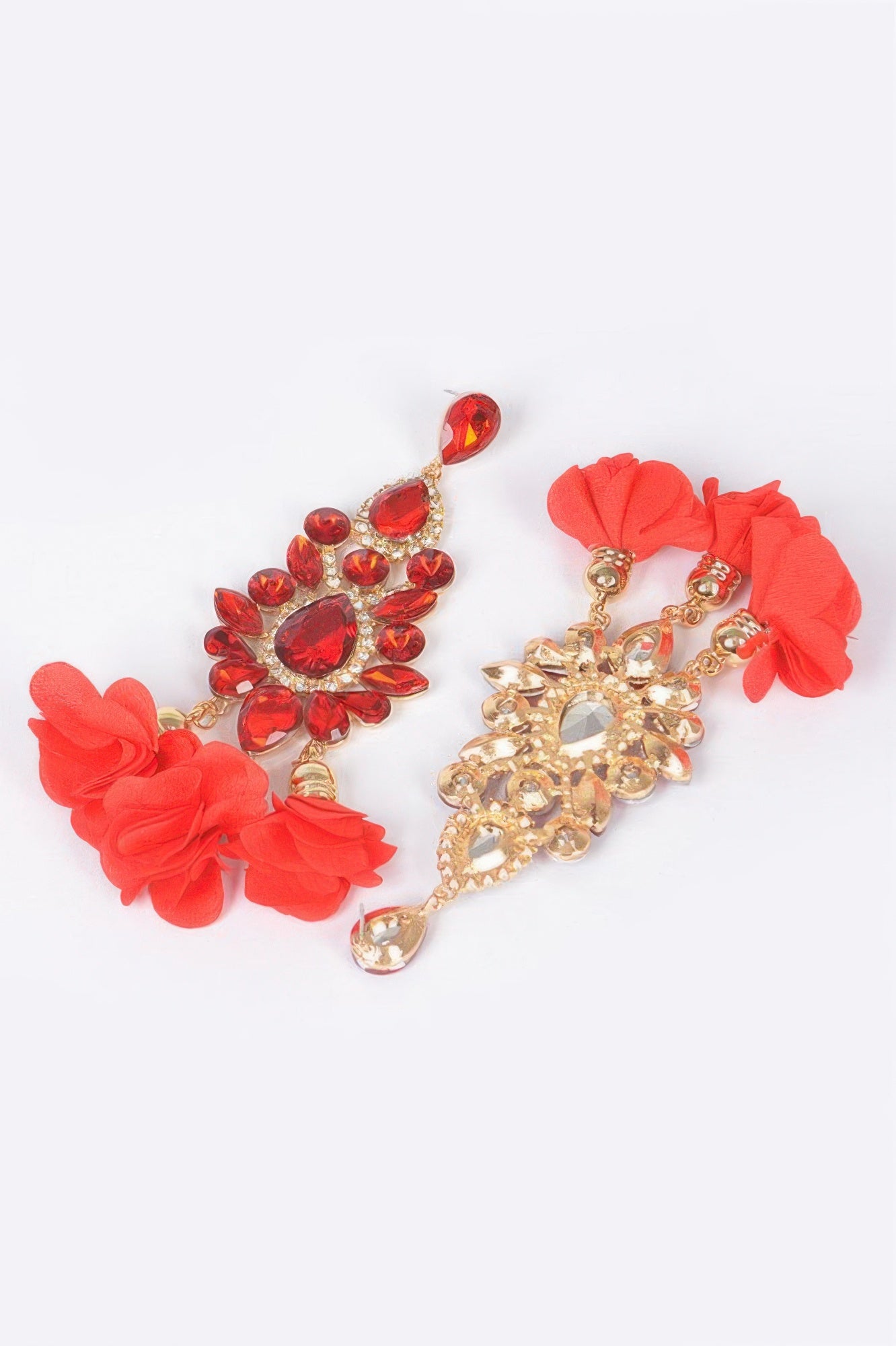 Red-orange rhinestone flower drop earrings with red fabric flower tassels