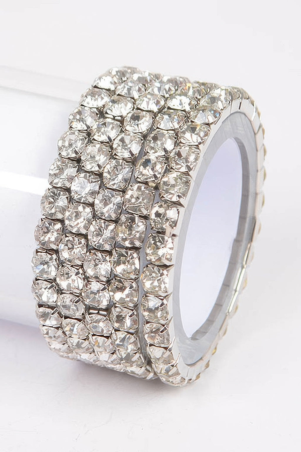 Silver multi rhinestone stretch bracelet with square-cut clear stones, wide band
