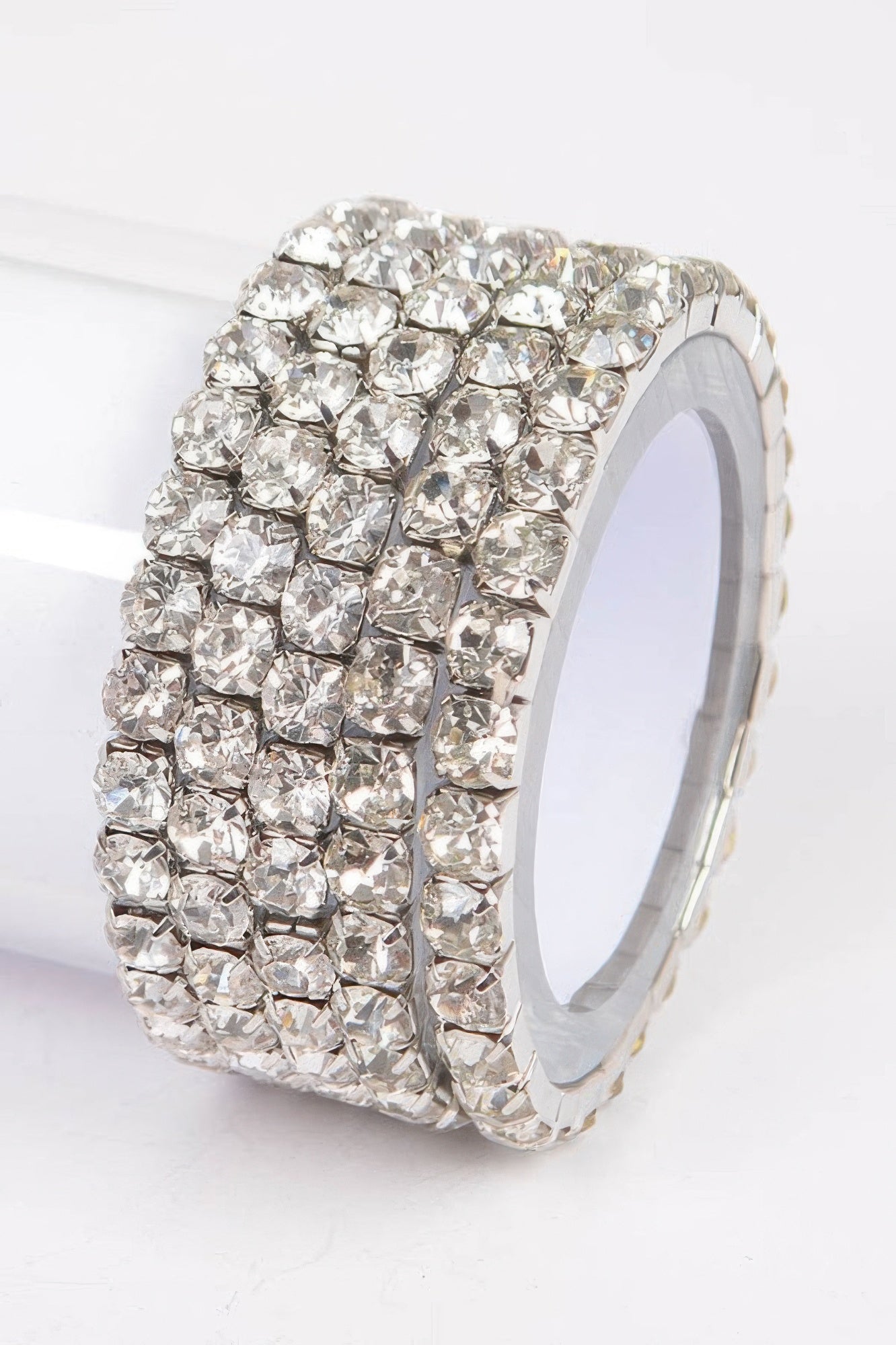 Silver multi rhinestone stretch bracelet with square-cut clear stones, wide band