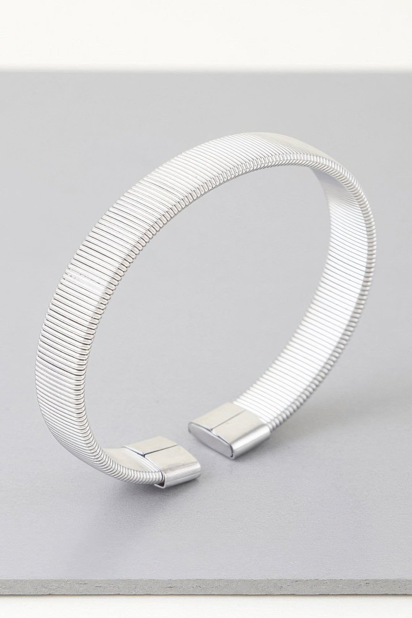 Silver multi-rib cuff bracelet with square clasp ends