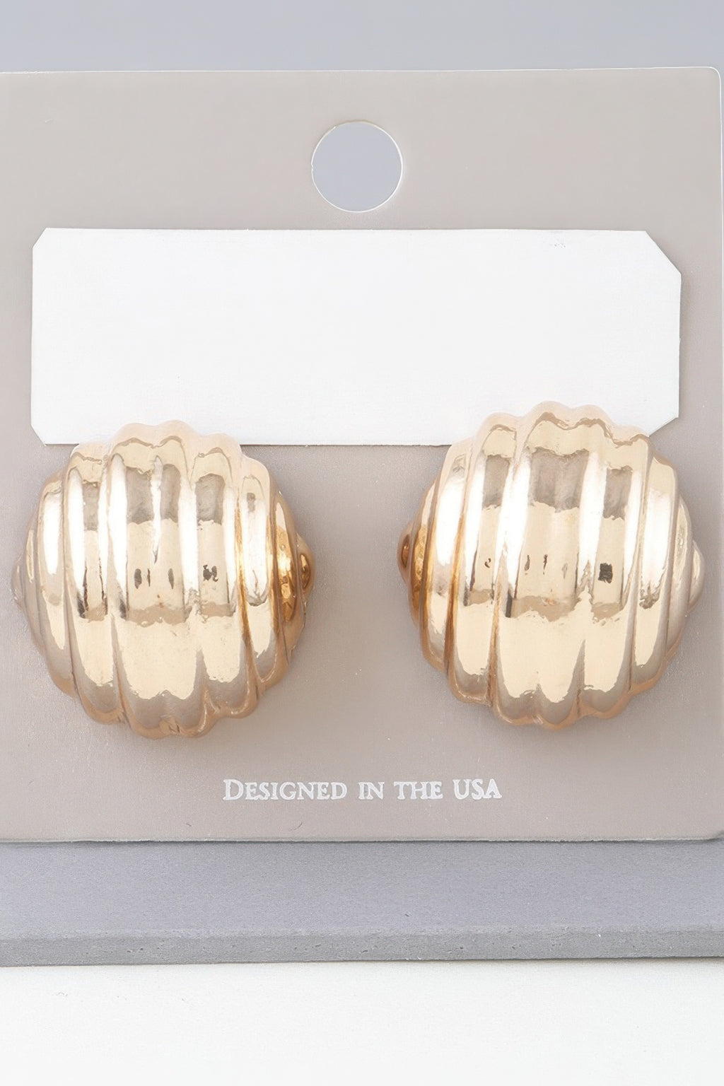 Gold dome ribbed stud earrings, wide ridged round shape in pair