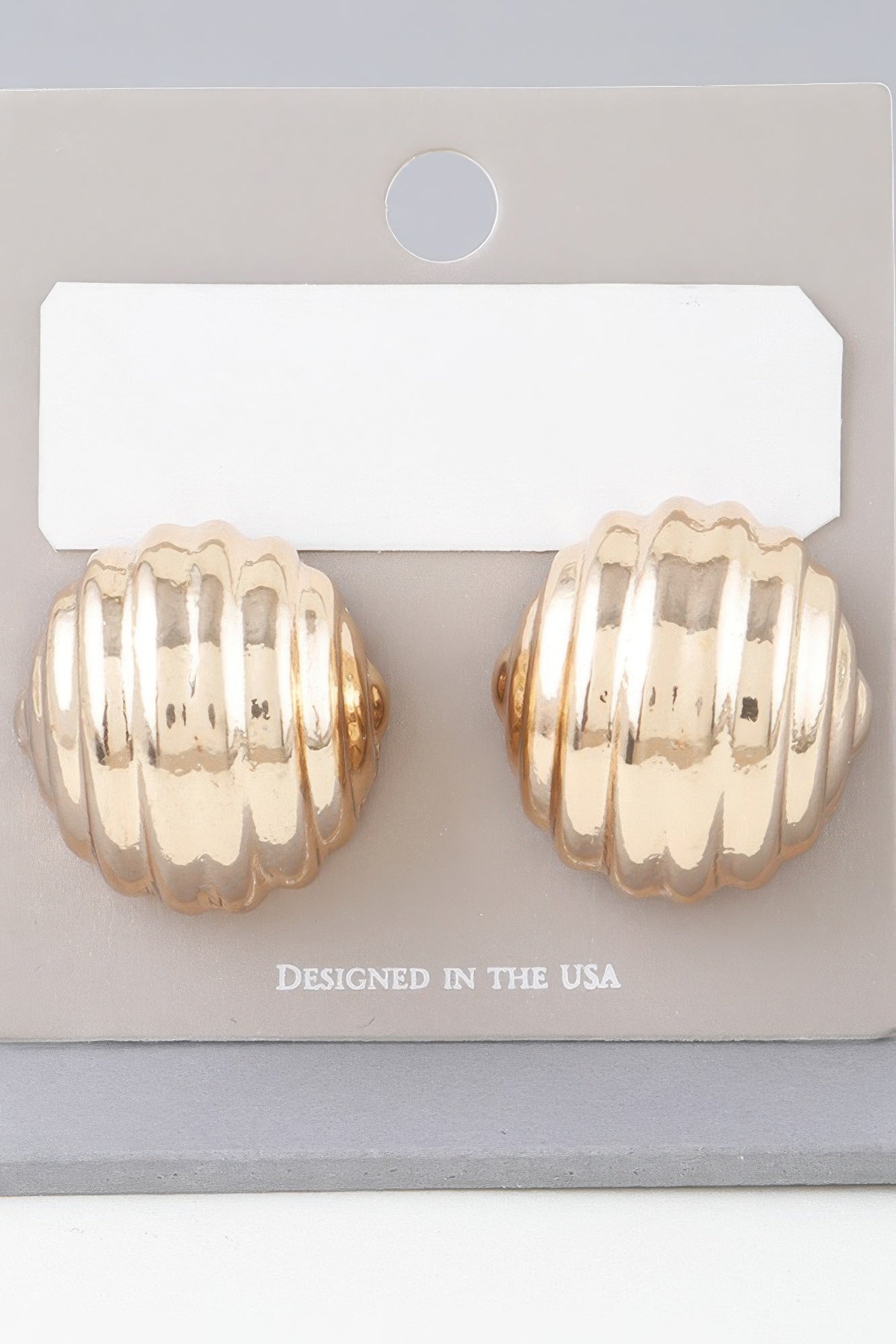Gold dome ribbed stud earrings, wide ridged round shape in pair