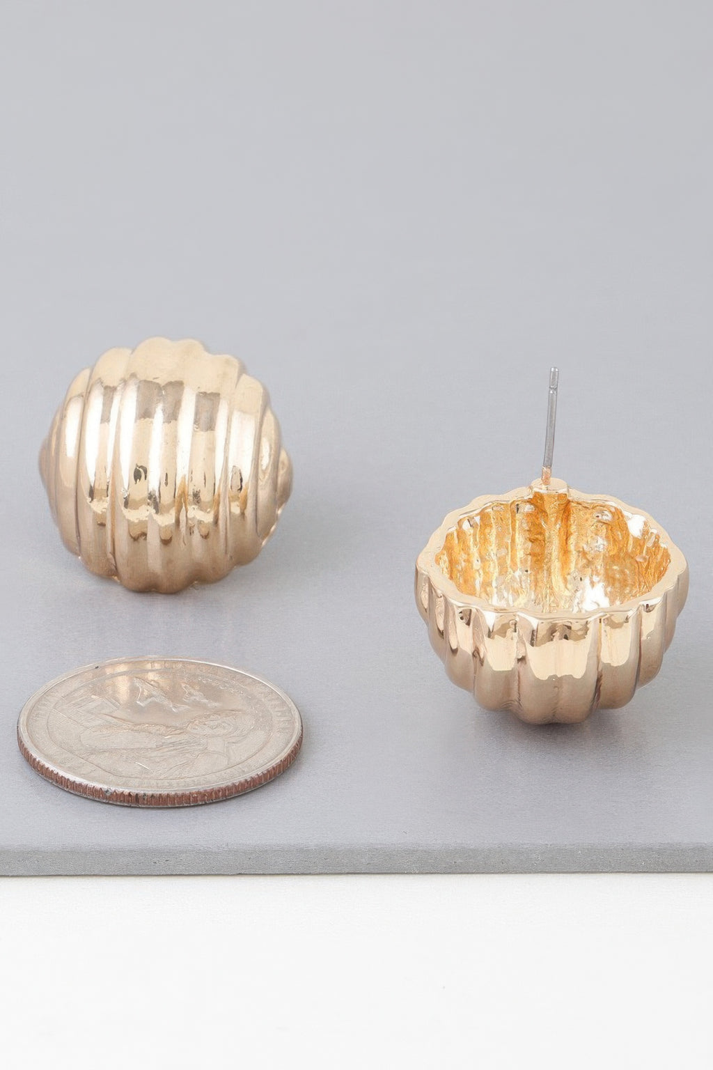 Gold ribbed dome stud earring, scalloped rim and vertical post