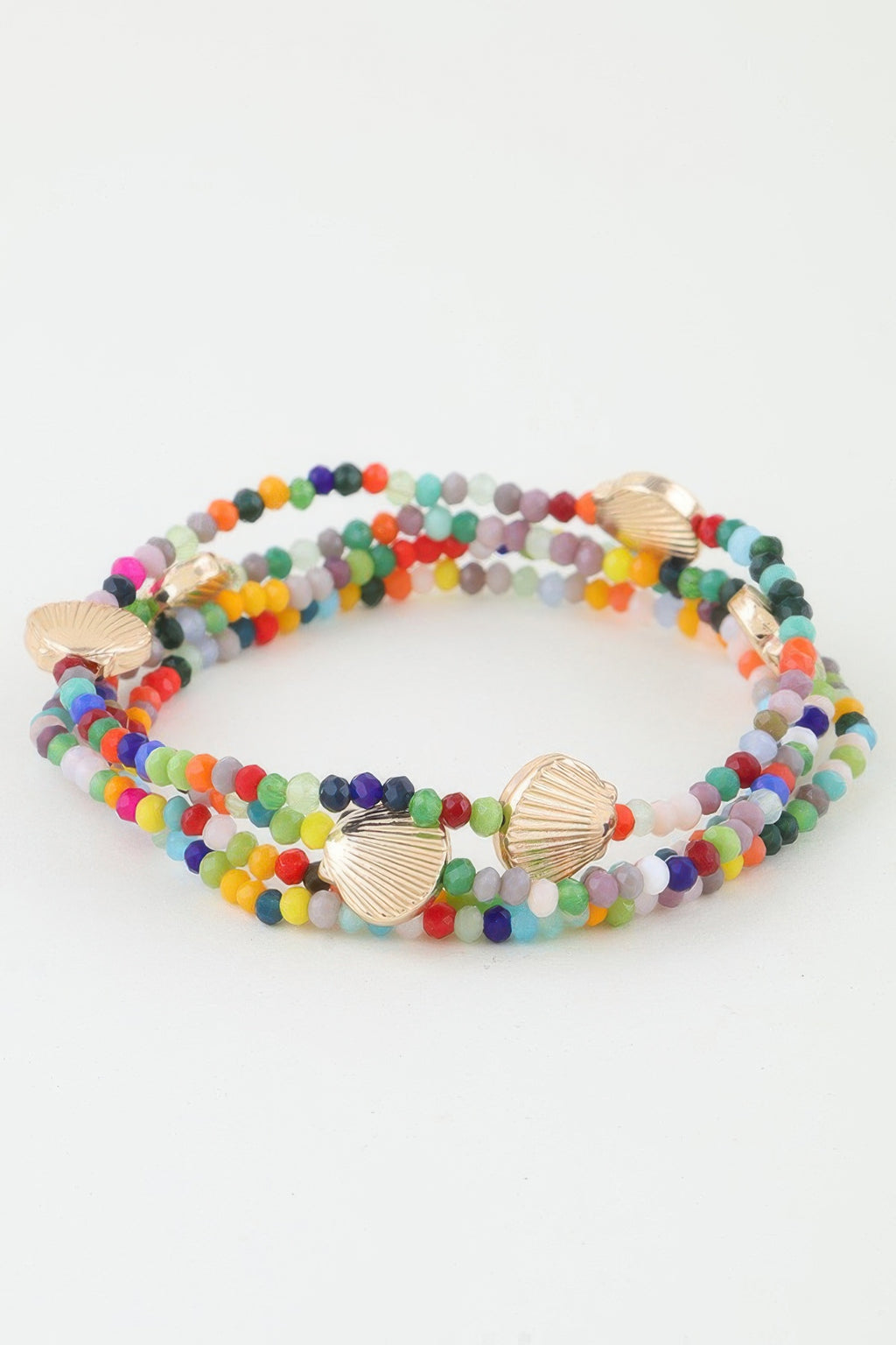 Mehrreihiges Muschelperlenarmband, Multicolor-Perlen mit goldfarbenen Muschel-Anhängern