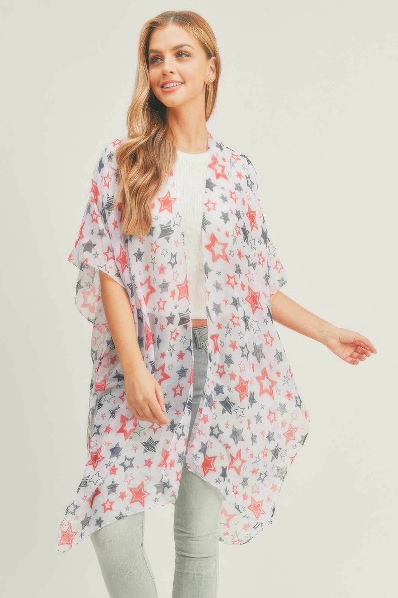 White kimono with multicolor star print, open front, flowy short sleeves, one size