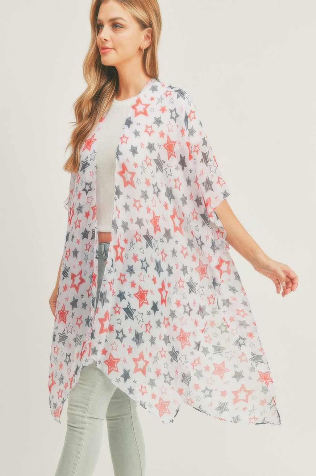 White star-print kimono, open front drape, short sleeves, one size, multicolor stars