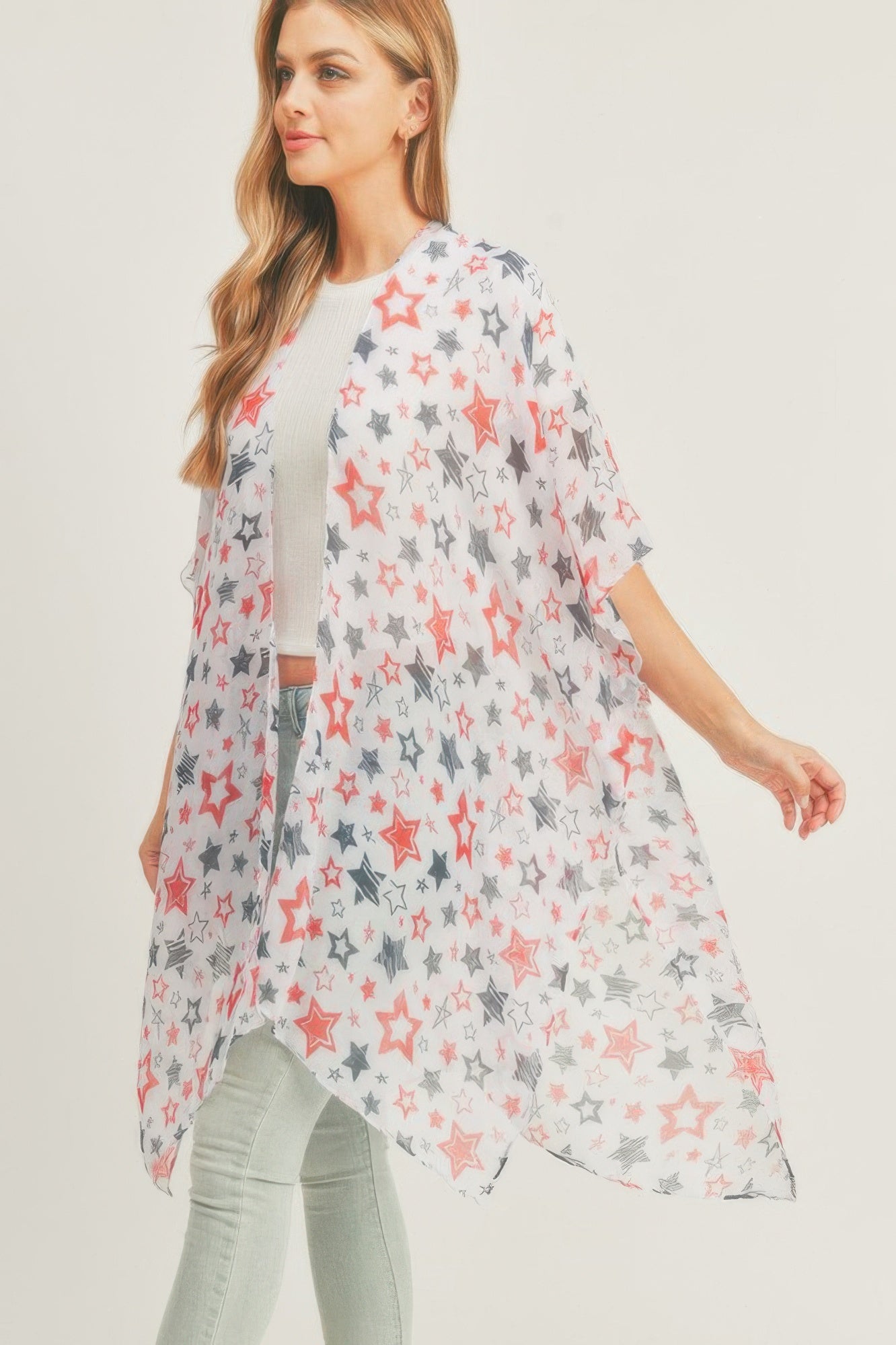 White star-print kimono, open front drape, short sleeves, one size, multicolor stars