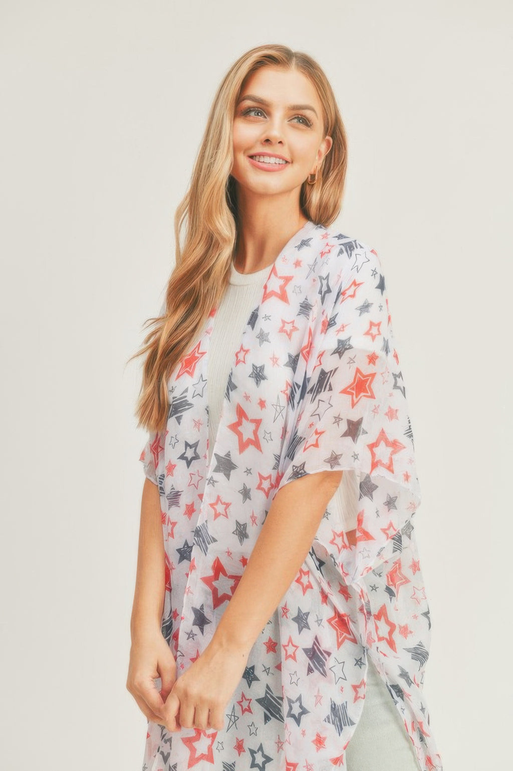 White kimono with red and gray stars, loose drape with short sleeves, one size