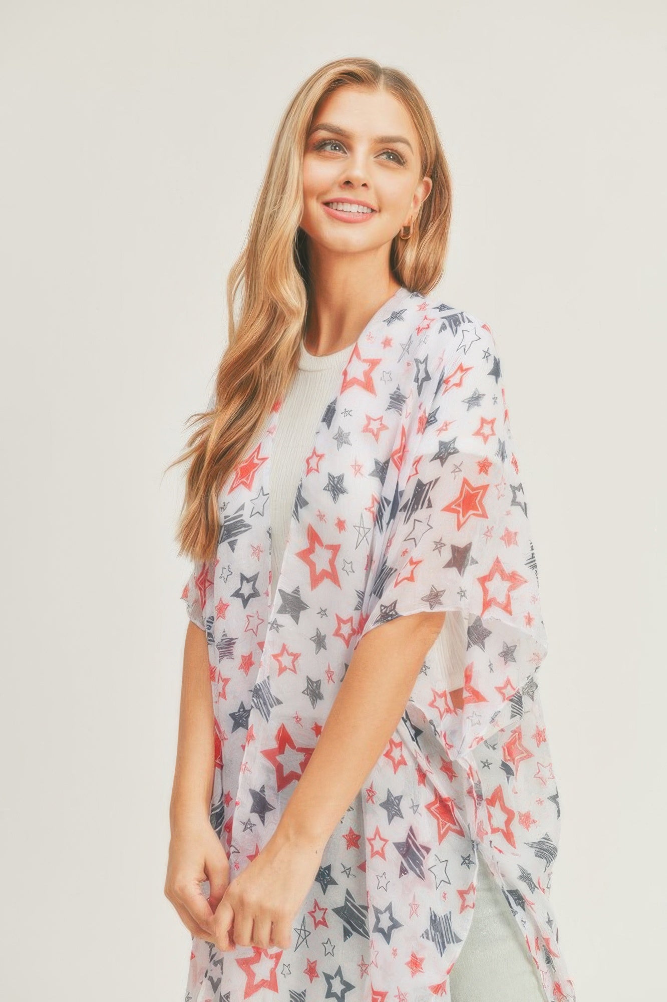 White kimono with red and gray stars, loose drape with short sleeves, one size