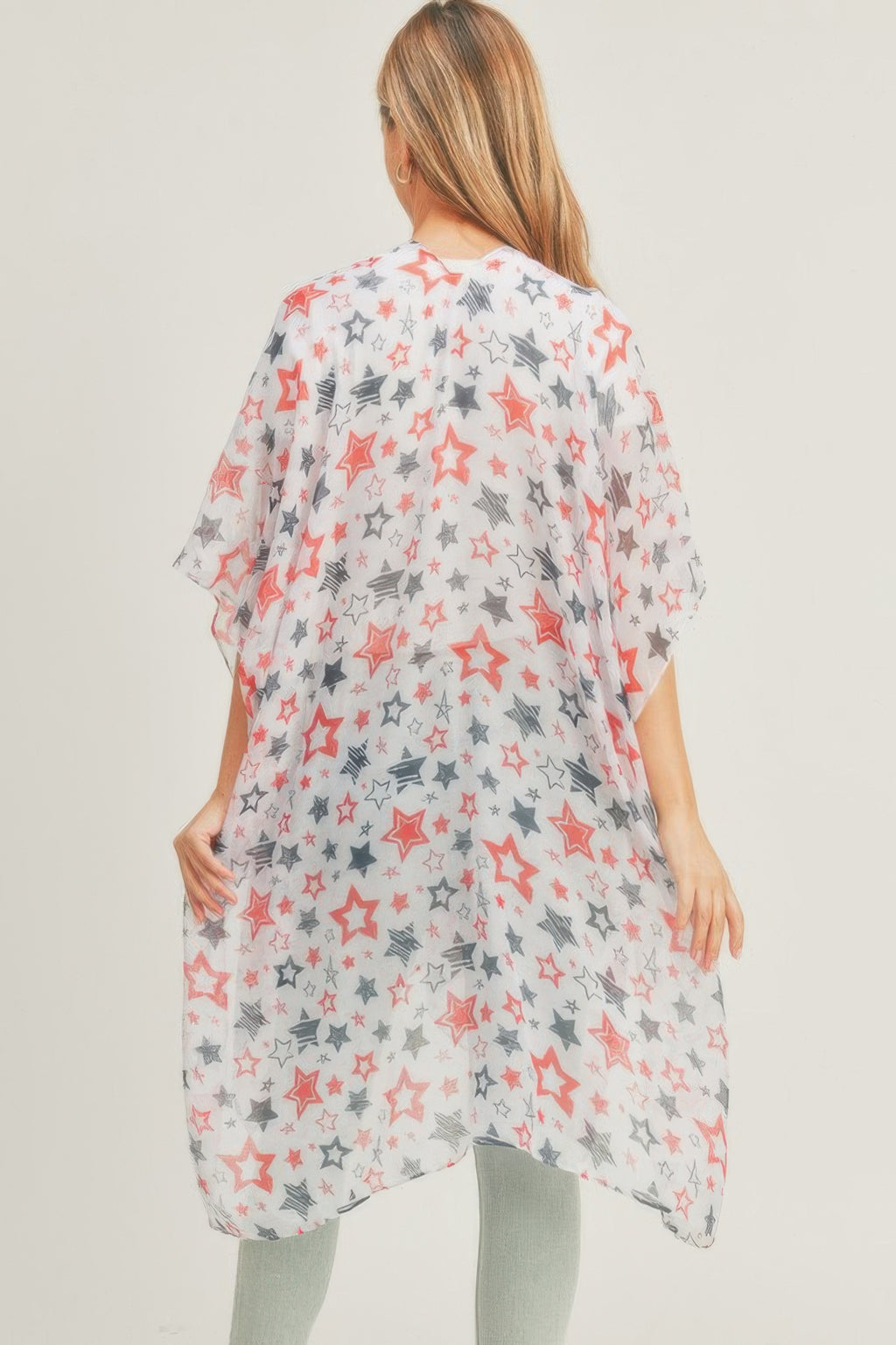 Back view: white star kimono with red/gray/blue stars, open drape, one size