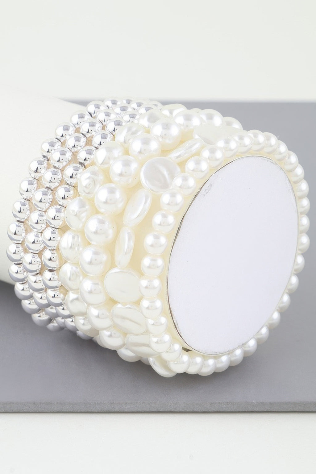 Multi Stone Beaded Bracelet with silver-tone beads, cream pearls, oval face