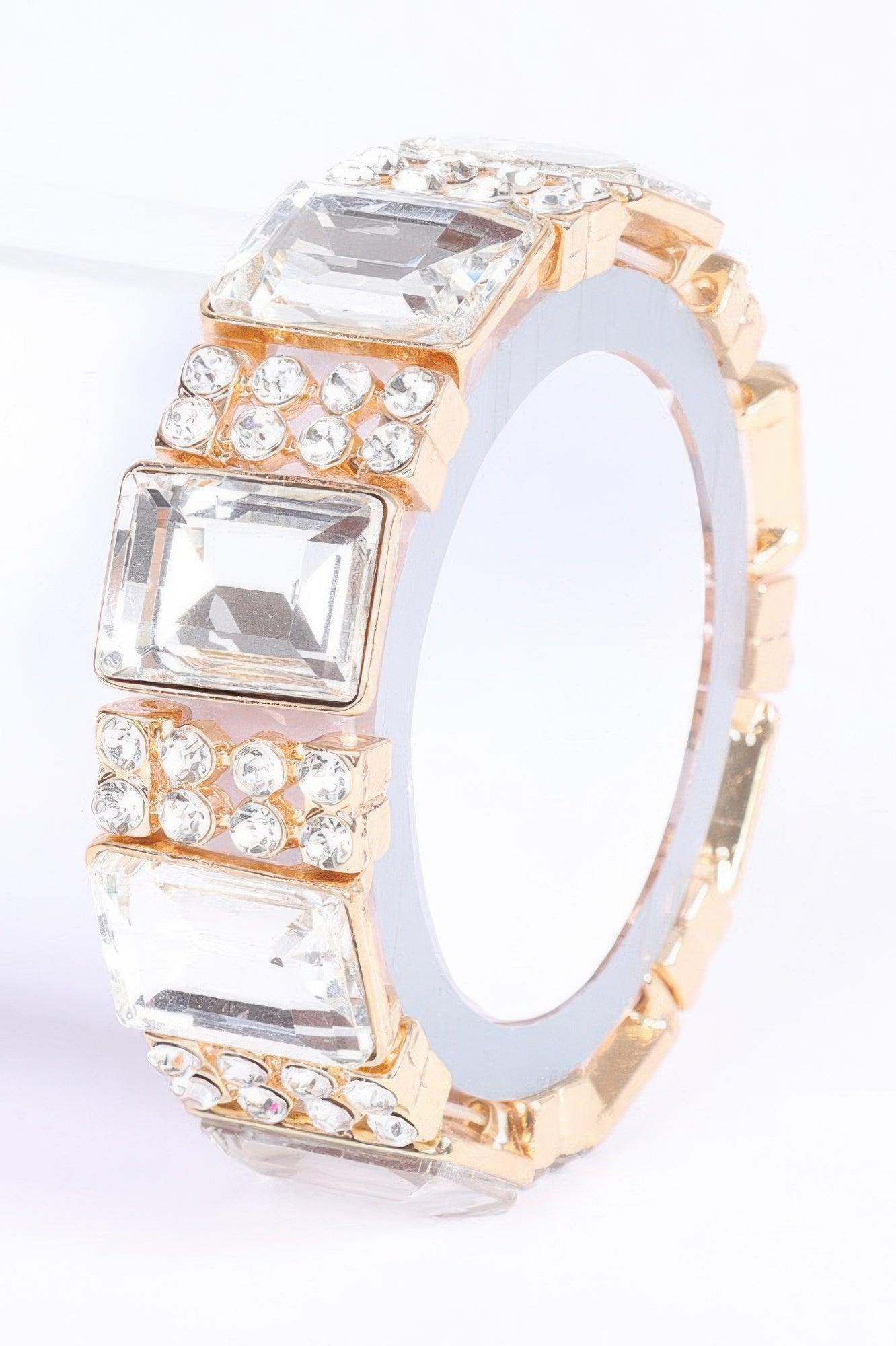 Multi Stone Bracelet, gold-tone with clear square stones and round crystal trim
