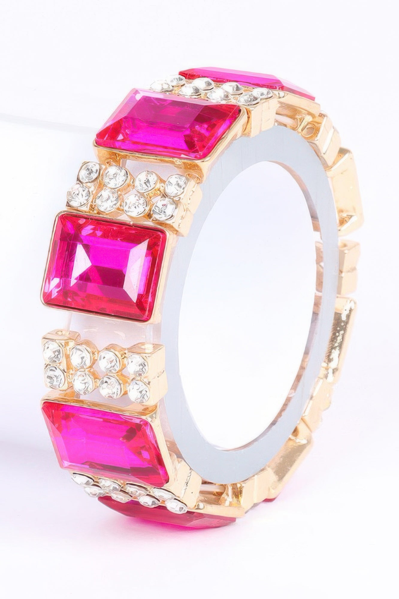 Multi Stone Bracelet, gold-tone with fuchsia square stones and clear crystal borders