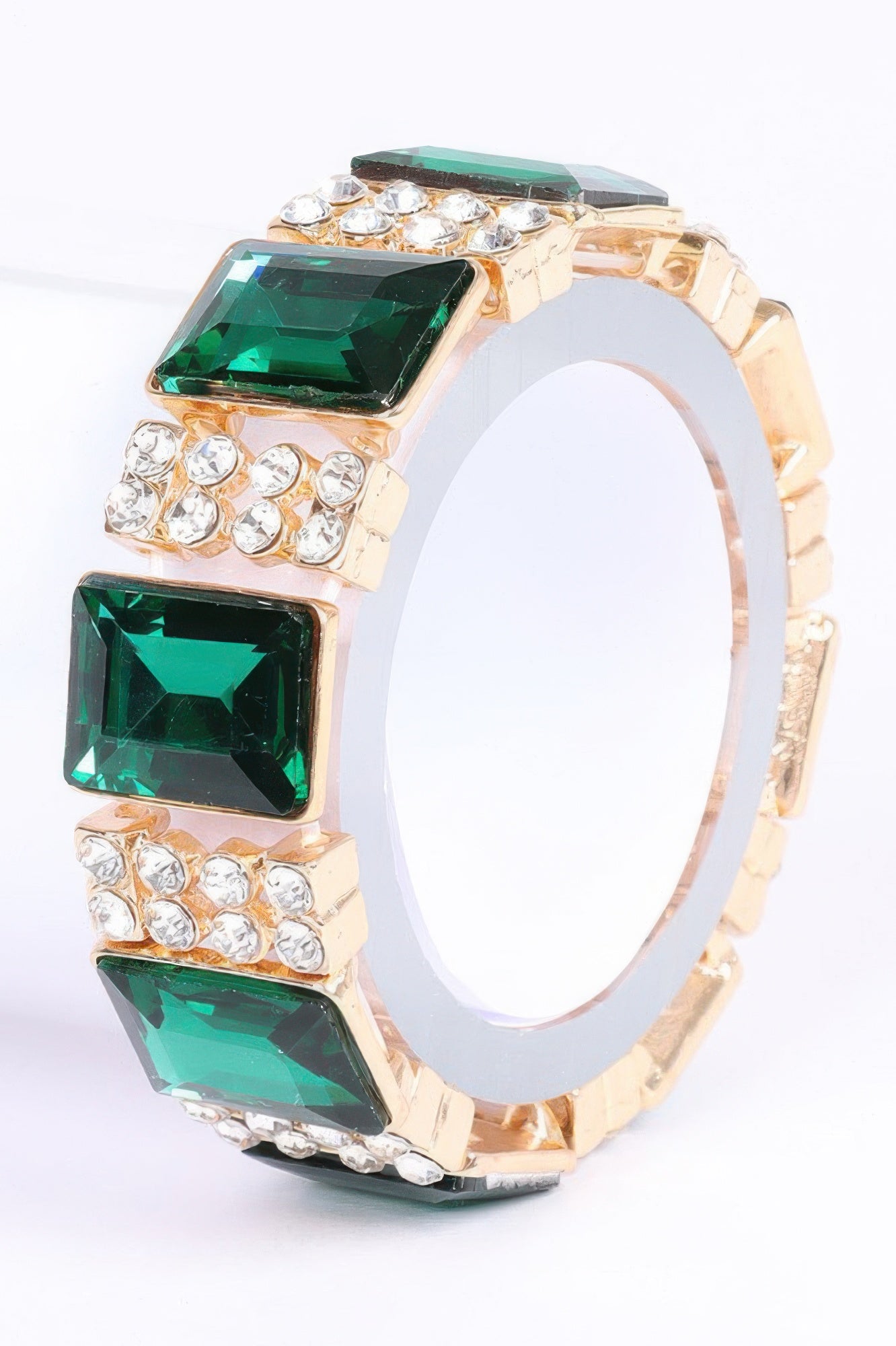 Multi Stone Bracelet, gold-tone with green square stones and clear crystal rows