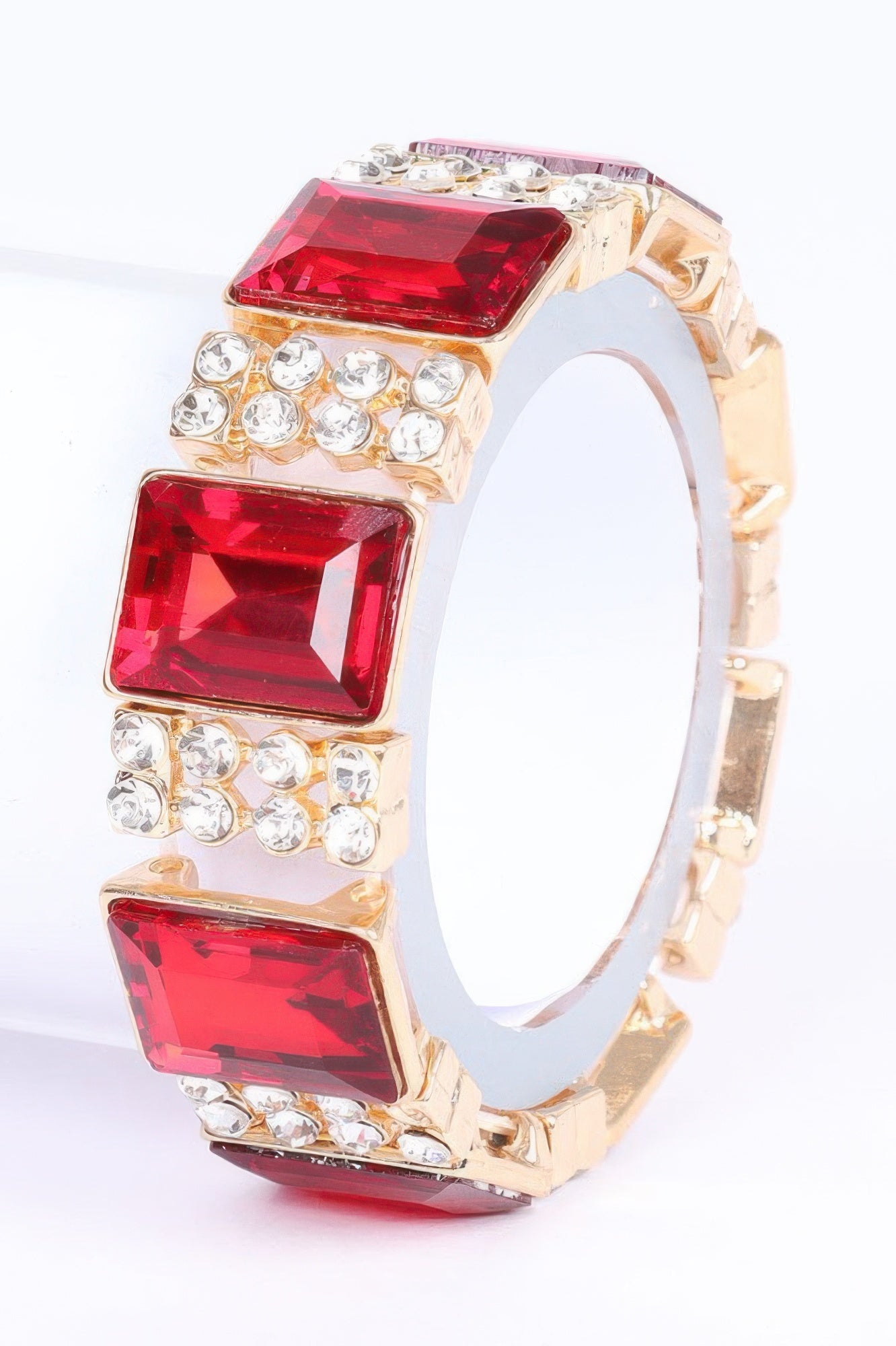 Multi Stone Bracelet, gold-tone with red square stones and clear crystal accents