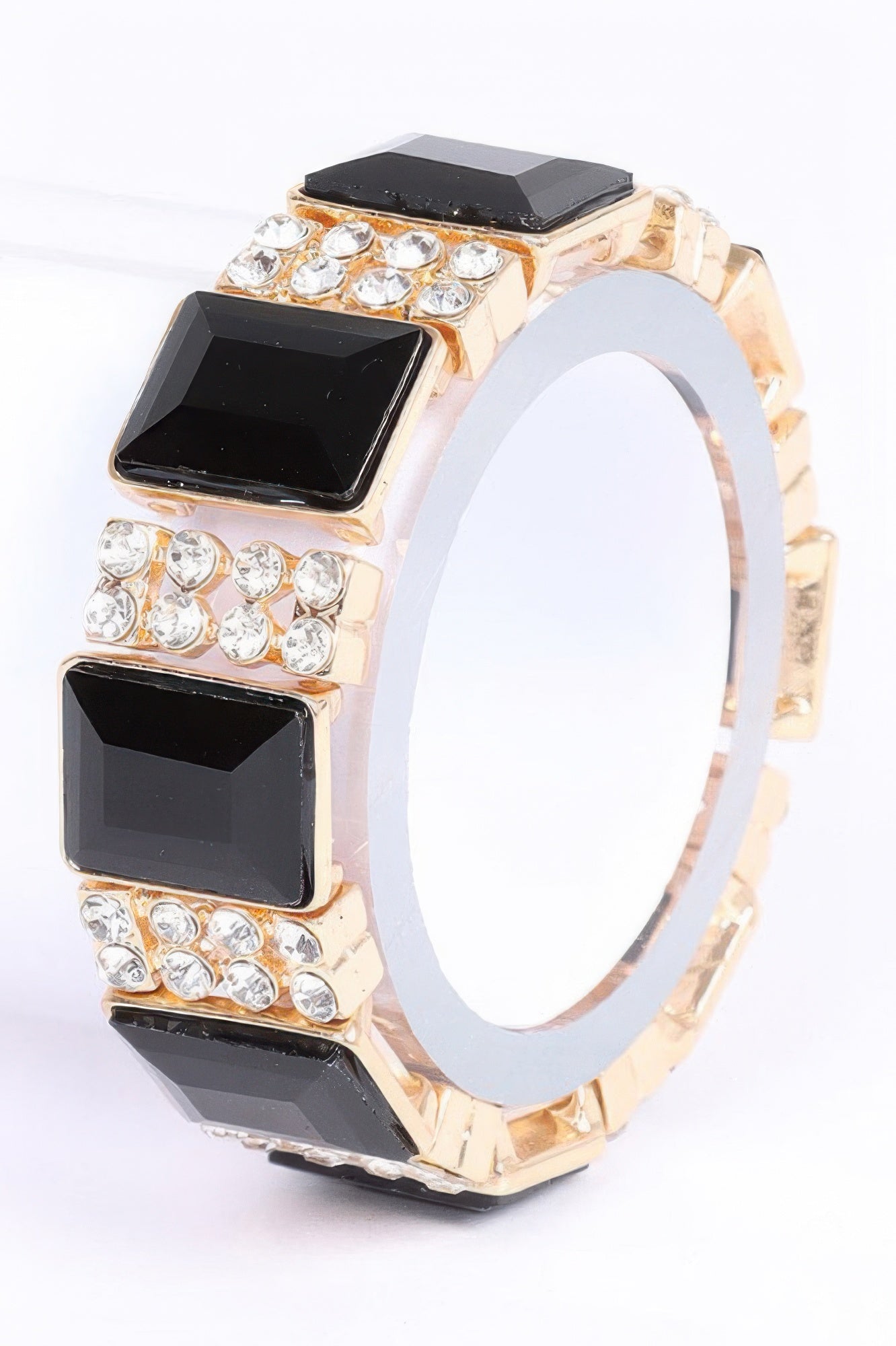 Multi Stone Bracelet, gold-tone with black square stones and clear crystal edging