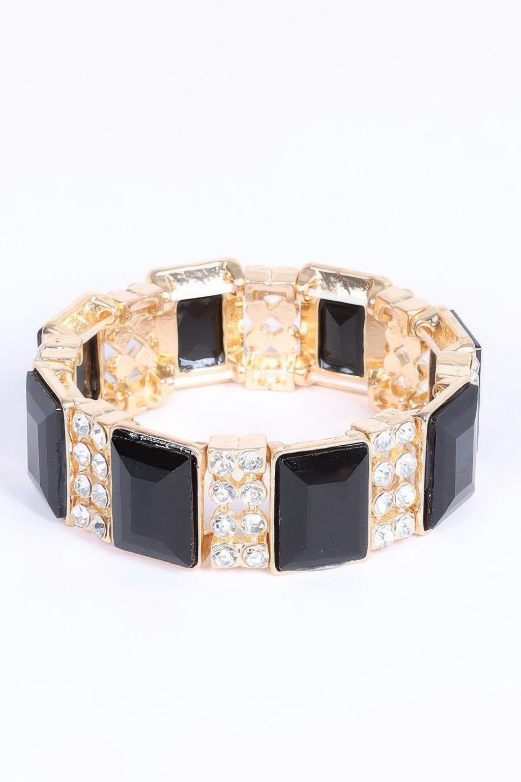 Multi Stone Bracelet cuff, gold-tone with alternating black and clear square stones