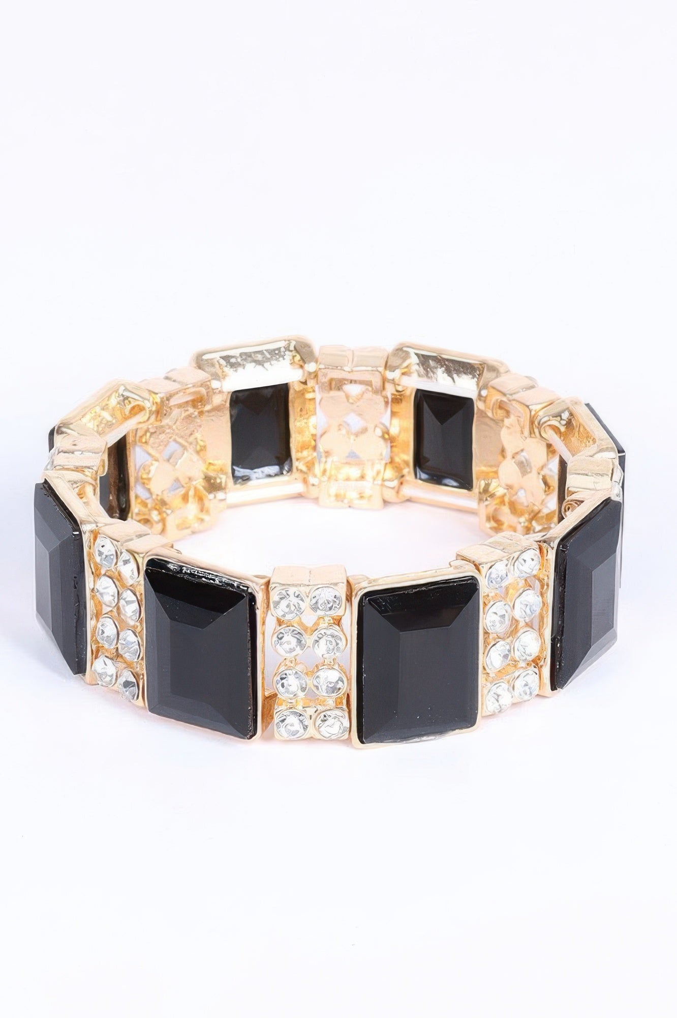 Multi Stone Bracelet cuff, gold-tone with alternating black and clear square stones