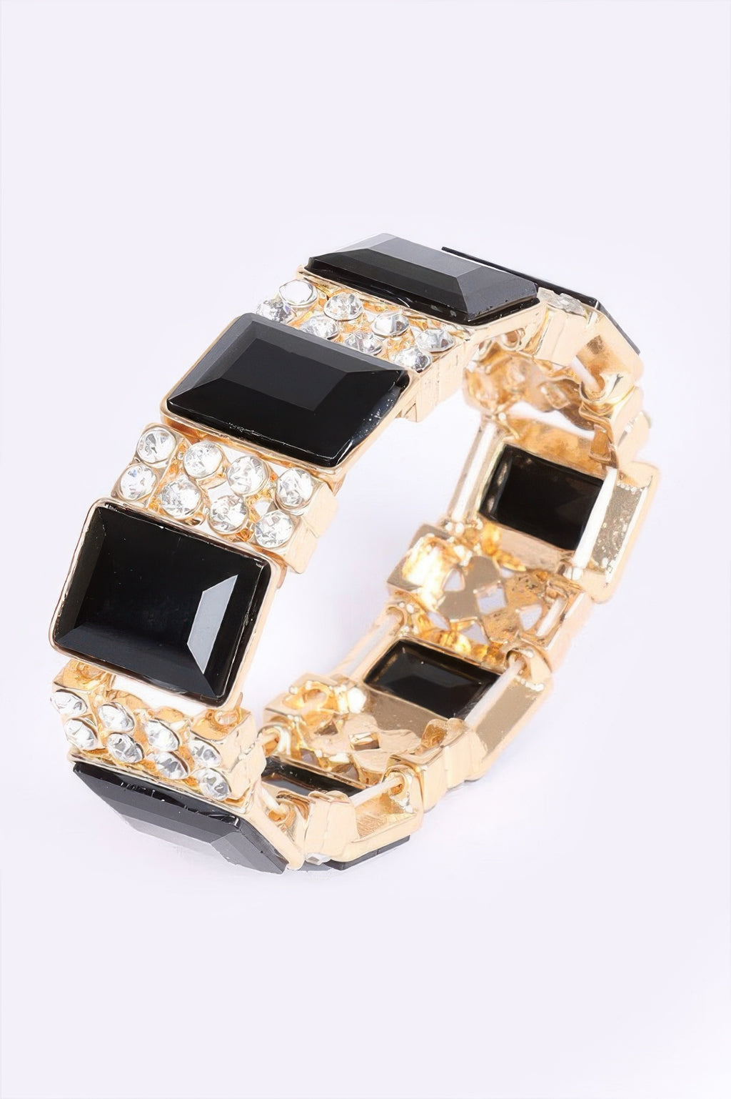 Multi Stone Bracelet side view, gold-tone with black square stones and crystal rows